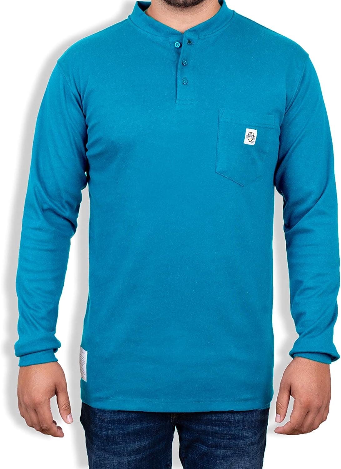 Fire Resistant Cotton Long Sleeve Henley – FR T-Shirt - Welding Shirt Blue