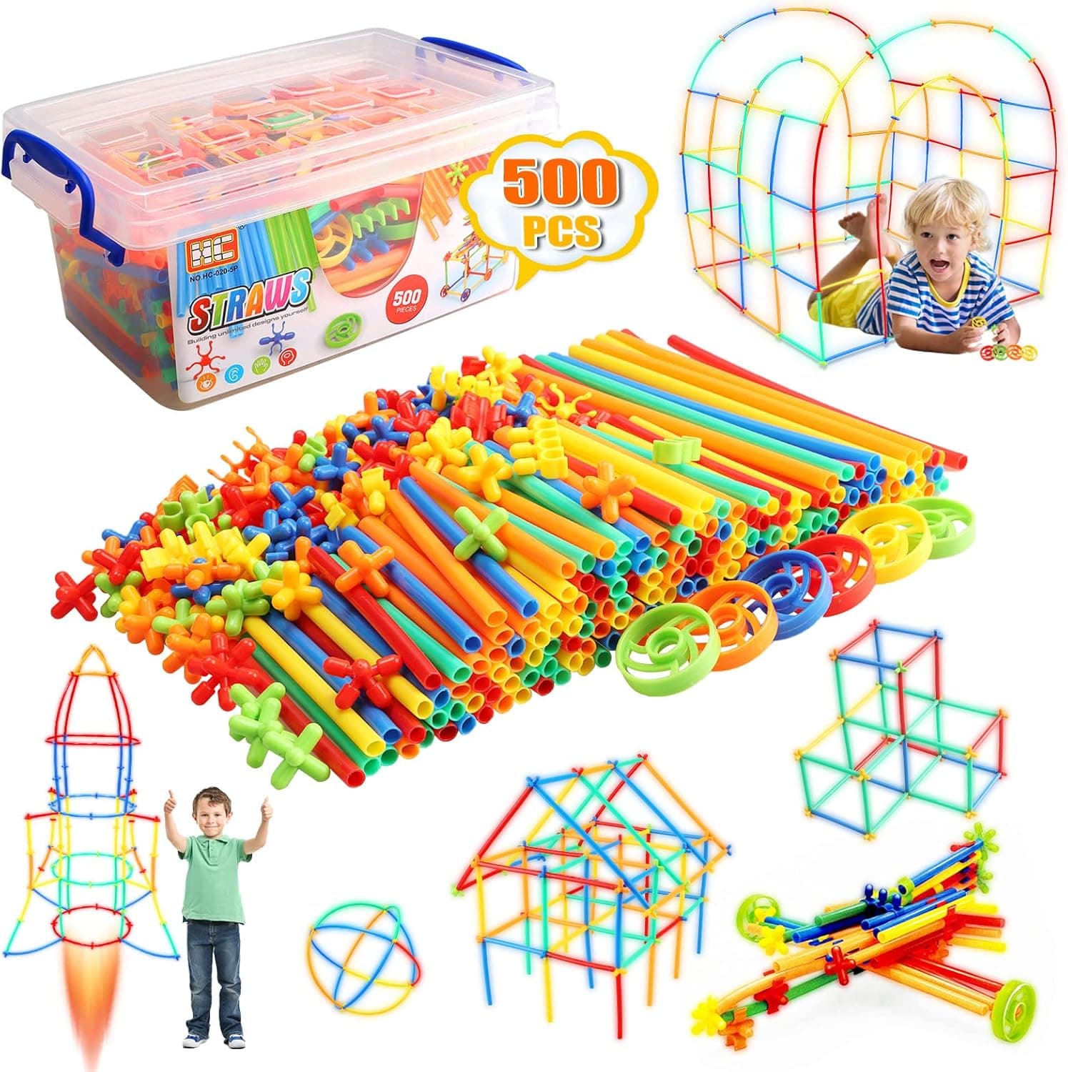 Glow Straw Connecting STEM Building Toys Set - 500 Pcs Colorful Glow in The Dark Straw Interlocking Plastic Toys, Creative Engineering Building Blocks, Gift for Kids 3 4 5 6 7 8 Year Old Boys & Girls