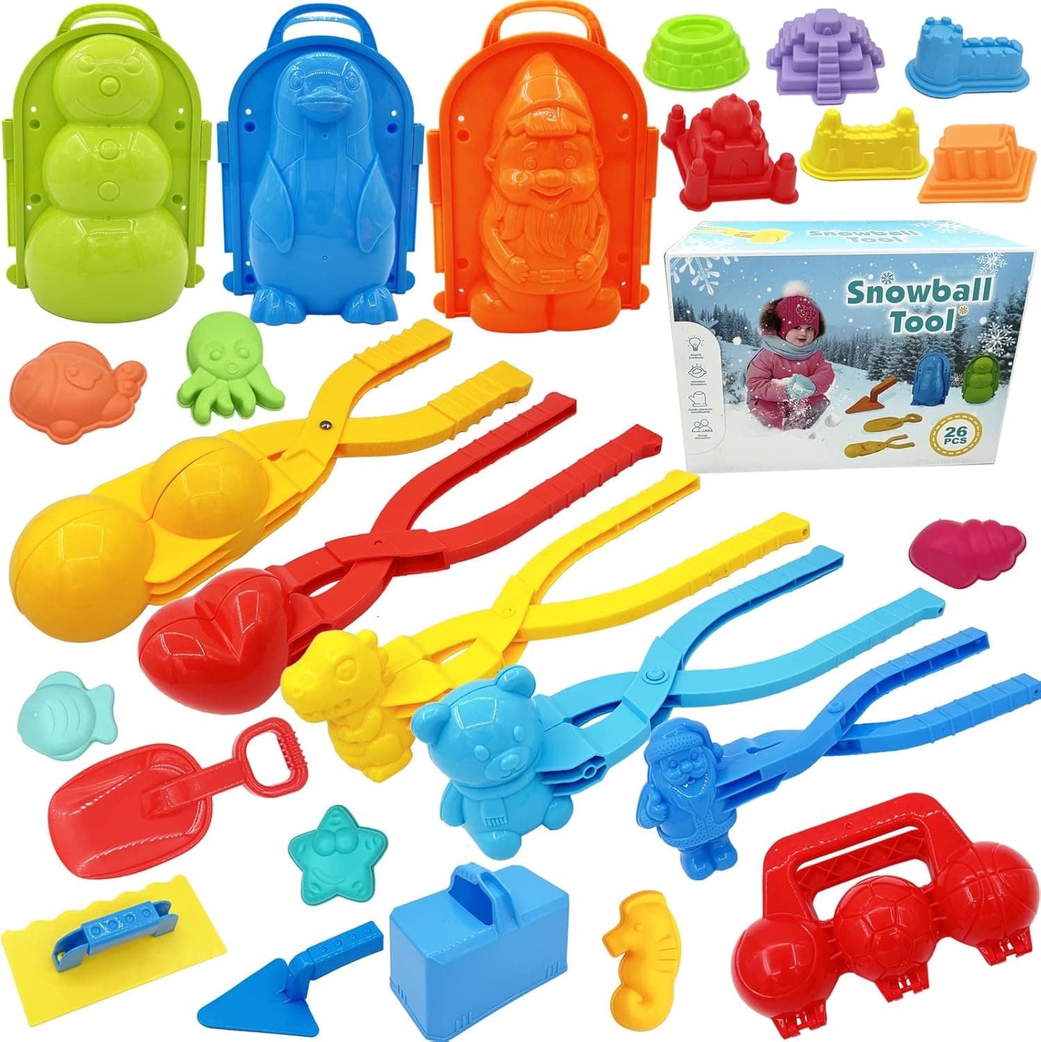 Snow Toys for Kids Outdoor, 26Pcs Snowball Makers Tool Kit, Funny Snow Balls, Snowman, Penguin, Elf, Santa Claus and Castles Molds, for Toddlers/Adults Winter Outside Snow Games