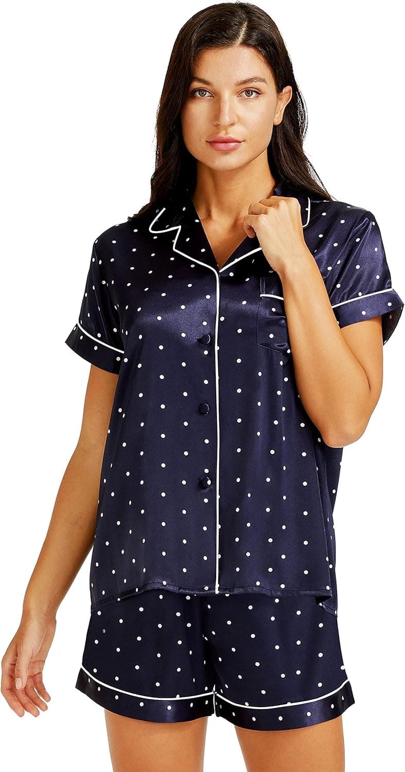 Lonxu Womens Silk Satin Pajamas Set Two-piece Button-Down Pj Sets Sleepwear Loungewear XS~3XL