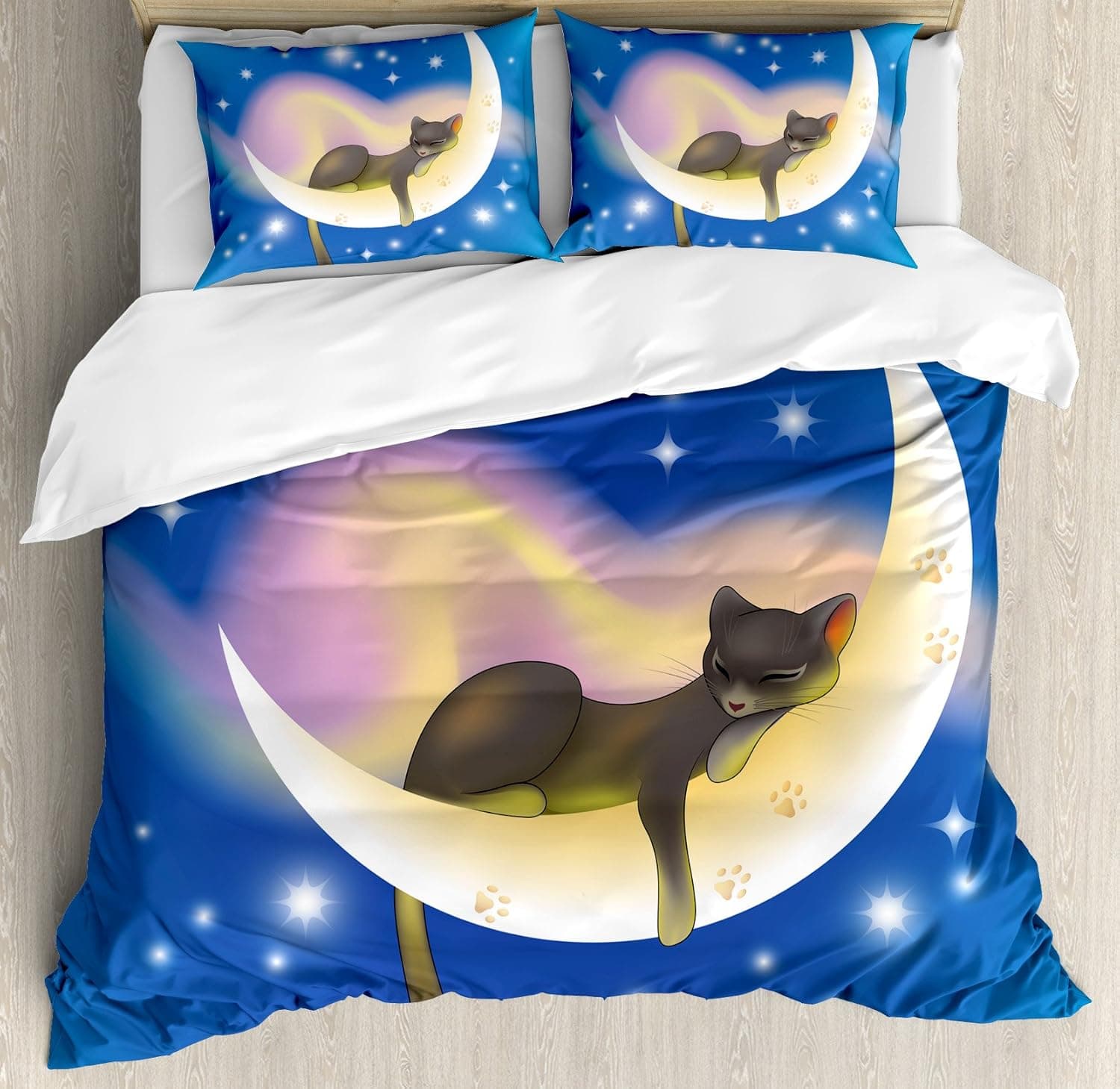 Ambesonne Cat Duvet Cover Set, Cat Sleeping on Crescent Moon Stars Night Dreams Themed Design, Decorative 3 Piece Bedding Set with 2 Pillow Shams, Queen Size, Yellow Blue