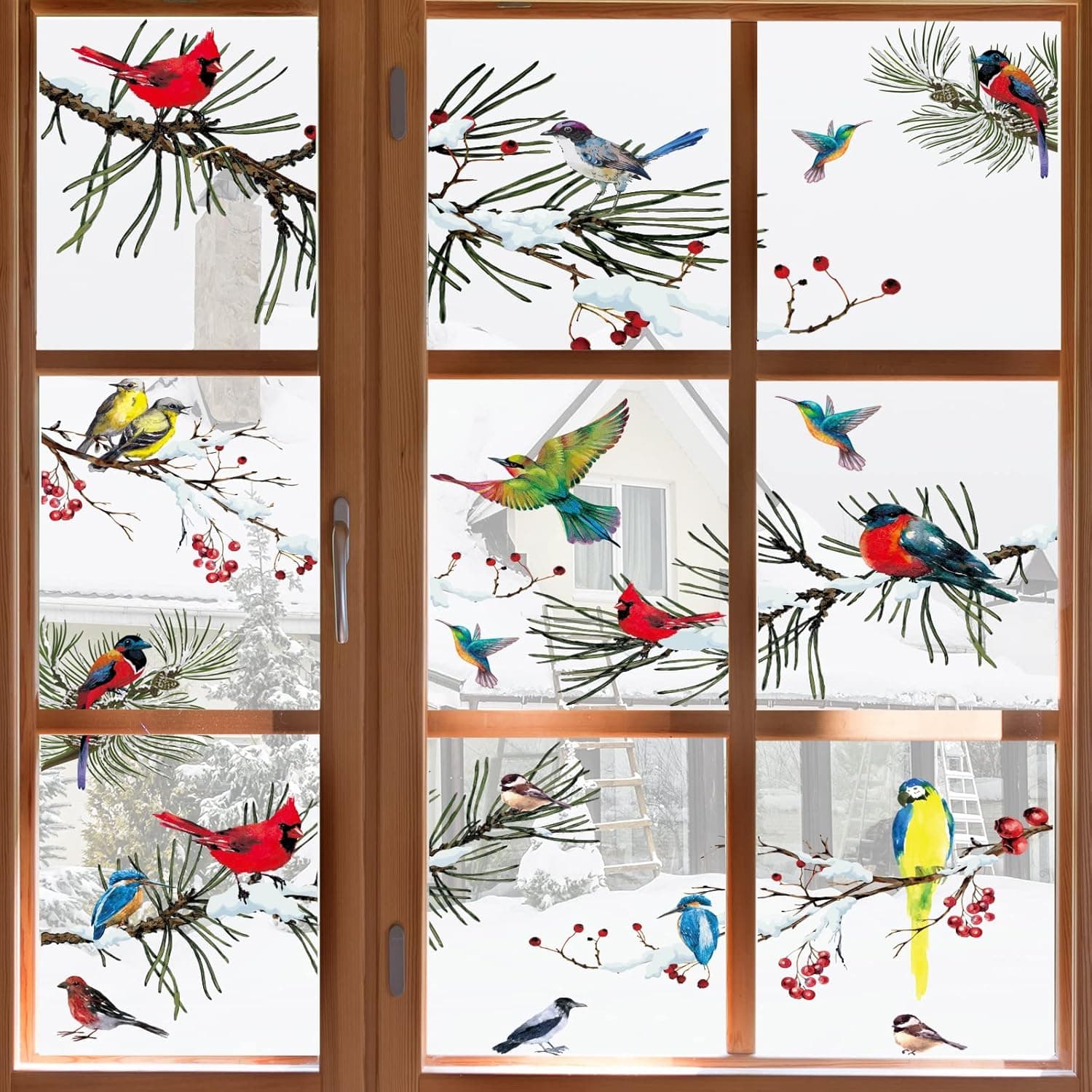 Winter Bird Window Clings 9 Sheet Christmas Cardinal Pine Window Clings for Glass Windows Home Kitchen Office Fridge Decorations Double Sided