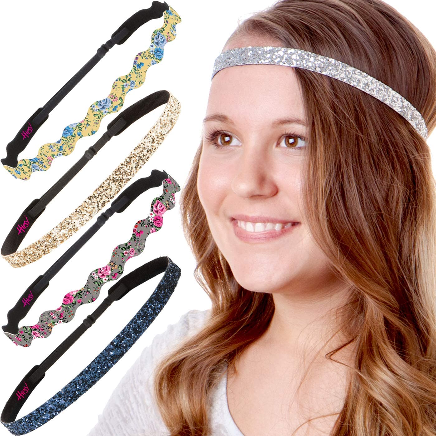 Hipsy Women's Adjustable NO SLIP Wave Country Flower Headbands (Wave D. Pink/Yellow & Skinny Glitter 5pk)