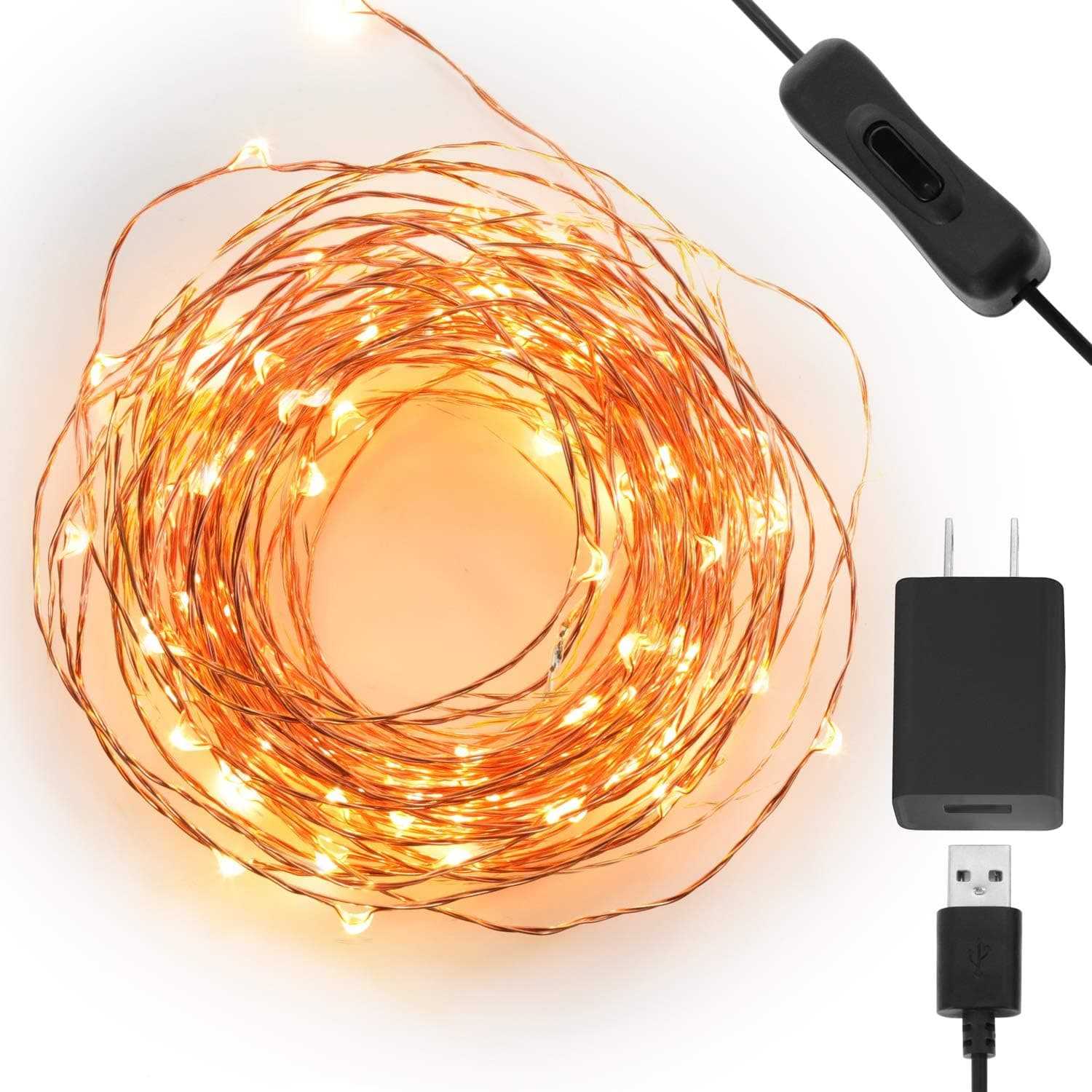 Tenergy USB Powered Christmas Decoration LED String Lights, 65Ft Light String, 200 LEDs, Wall Switch Compatible, for Christmas Tree Decor, Wedding Decor, AC Power Adapter Included, UL Certified
