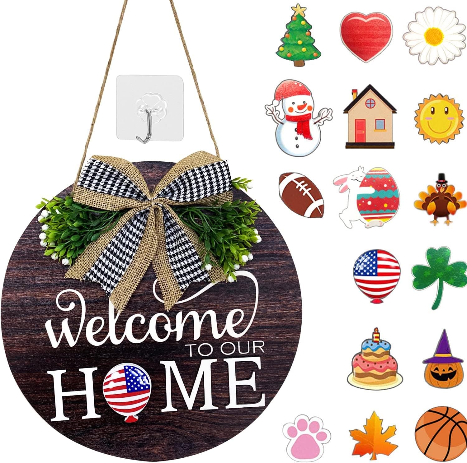 ProJoyJoy Interchangeable Welcome Sign for Front Door, Fall Wreath Decorations, Wooden Welcome Door Sign with Hook 16 Seasonal Ornament for Holiday Porch,Christmas Decorations (12"x12")