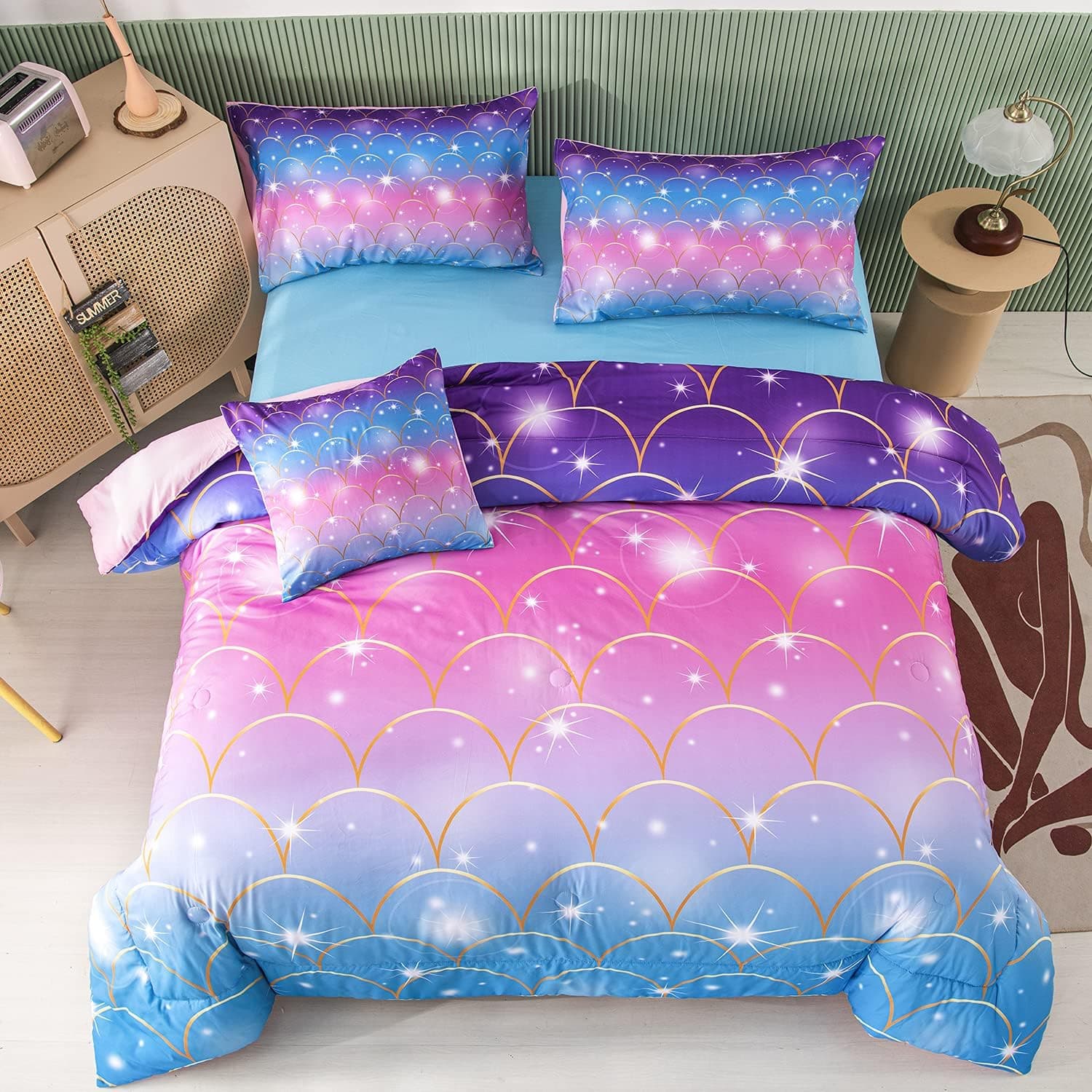 PERFEMET 6Pcs Pink Mermaid Comforter Set Queen Size 3D Glitter Bed in A Bag for Teens Girls Women Colorful Rainbow Bedding Set with Comforter and Sheets Ultra Soft Fuzzy Bed Comforter Quilted Set