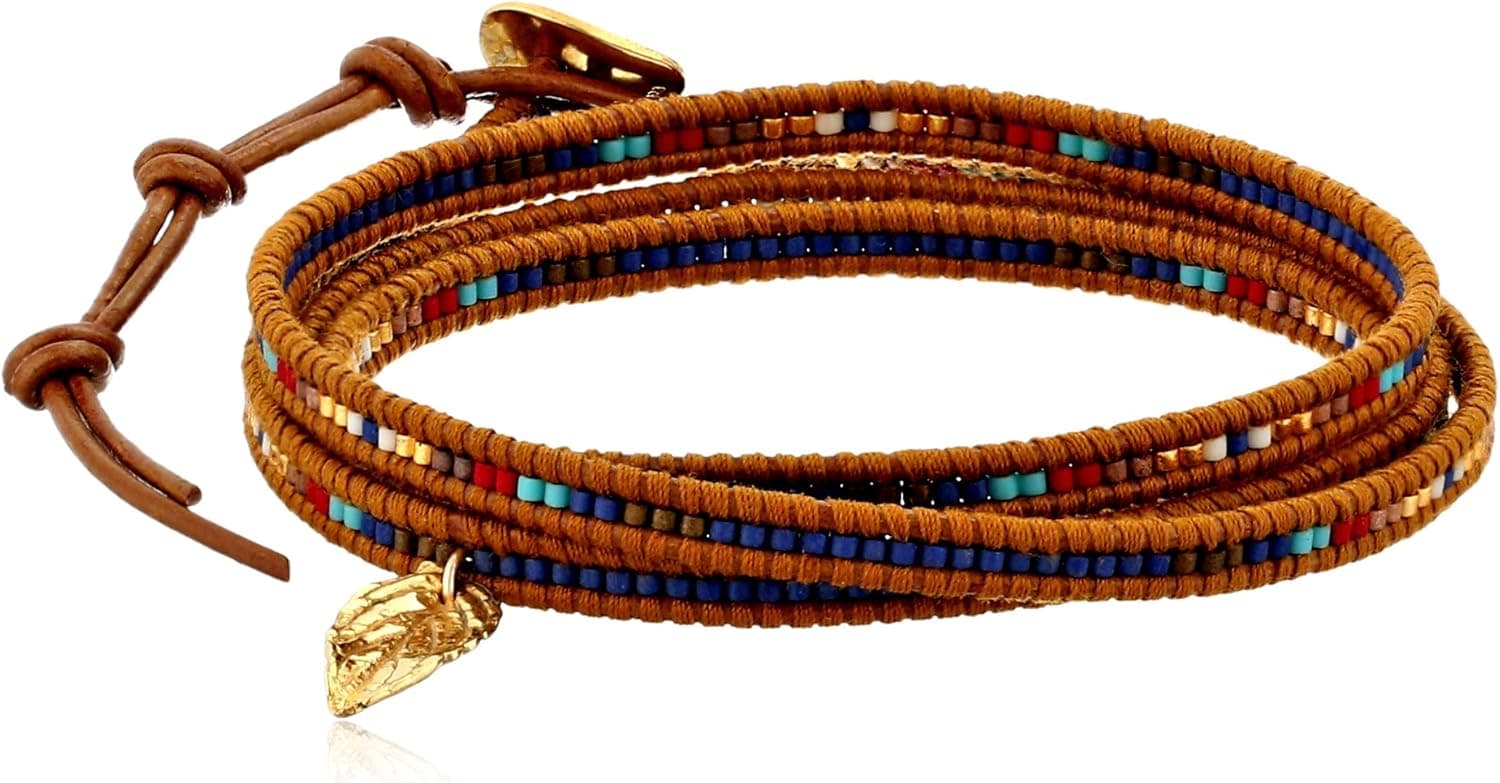 Chan Luu seed bead wrap bracelet with gold vermeil feather charm