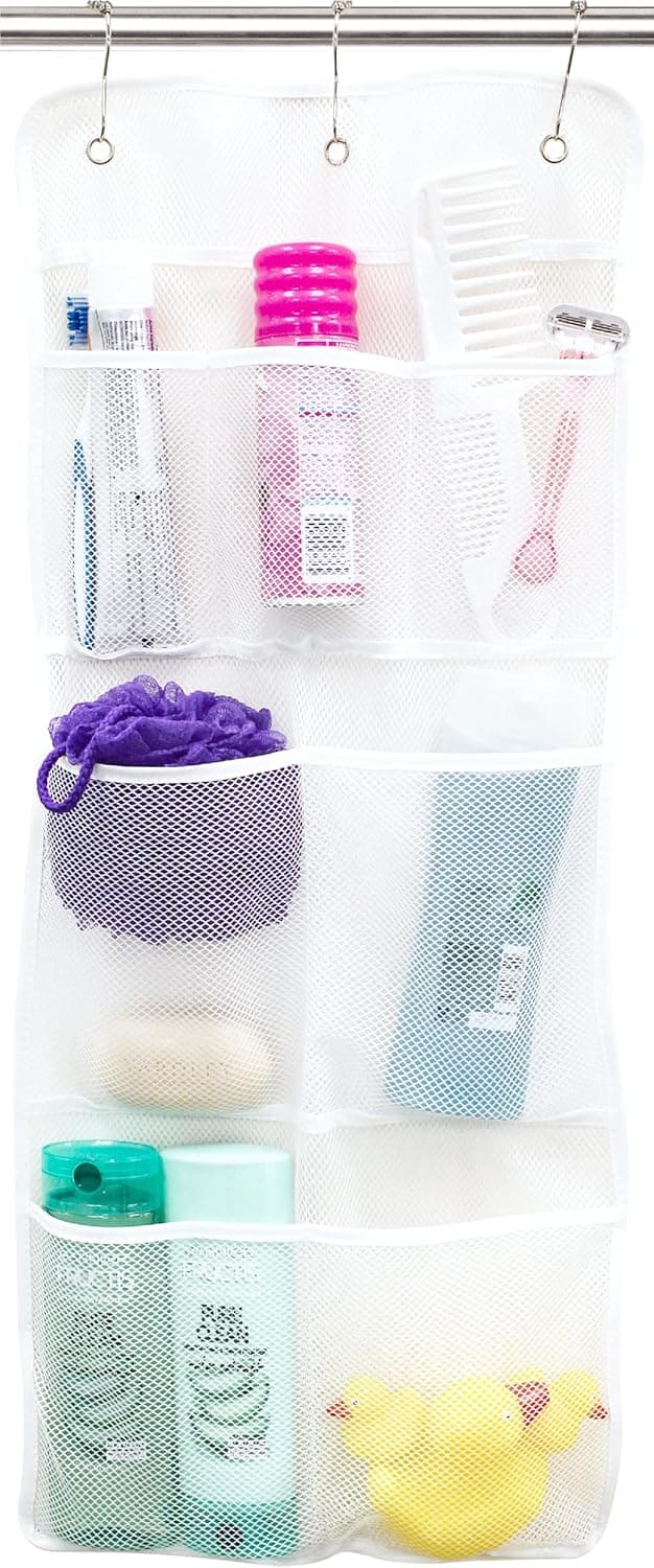 S&T INC. Shower Organizer with Quick Drying Mesh, Bathroom Caddy Organizer with 7 Pockets to Hold Toiletries, Shampoos, Soaps, and Loofahs, 14 Inch by 30 Inch, White, 1 Pack
