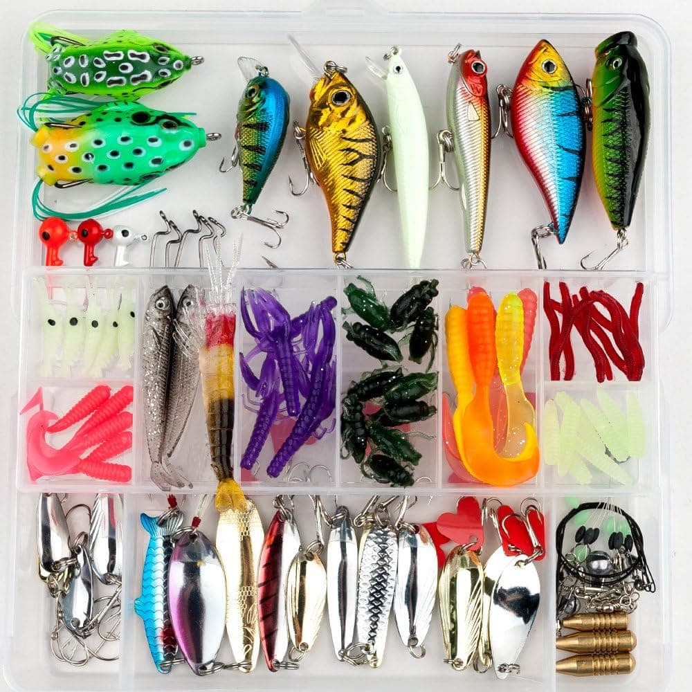 DyWarm Fishing Lures Set 131Pcs Including Frog Lures Soft Plastic Lures Crank Spinner Baits Bass and More