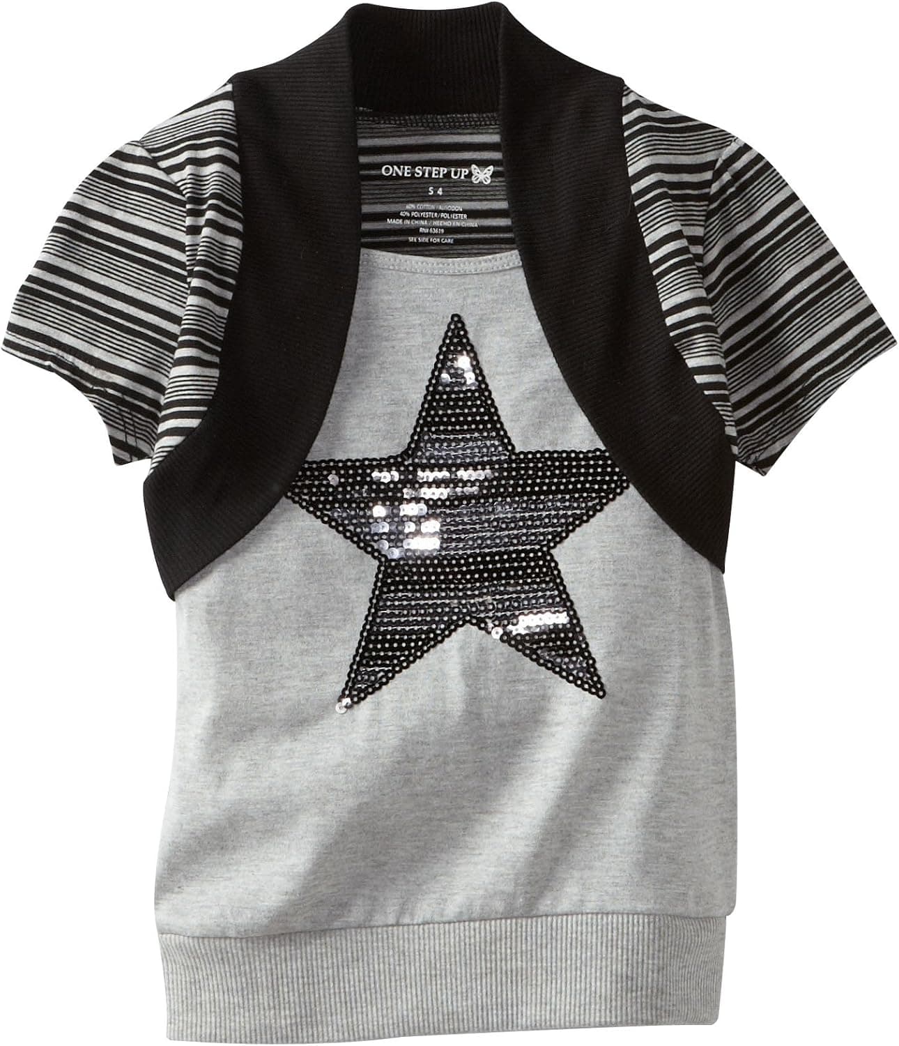 One Step Up Little Girls' Short Sleeve Sequin Trim Mock