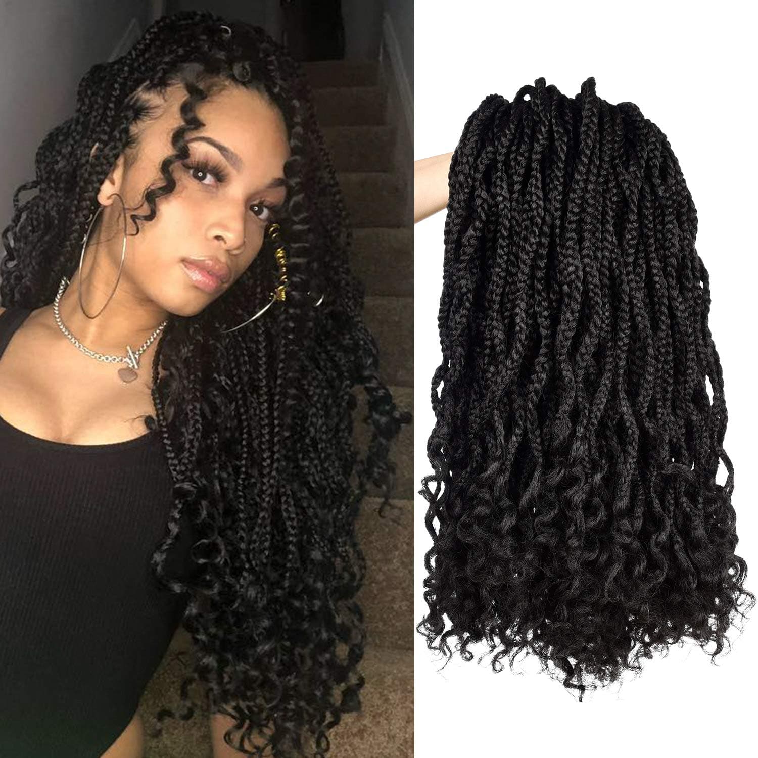 3 Packs Wavy Goddess Box Braids For Black Women 20inch Ombre Box Braid Crochet Hair with Curly Ends Synthetic Braiding Extensions (1B#)