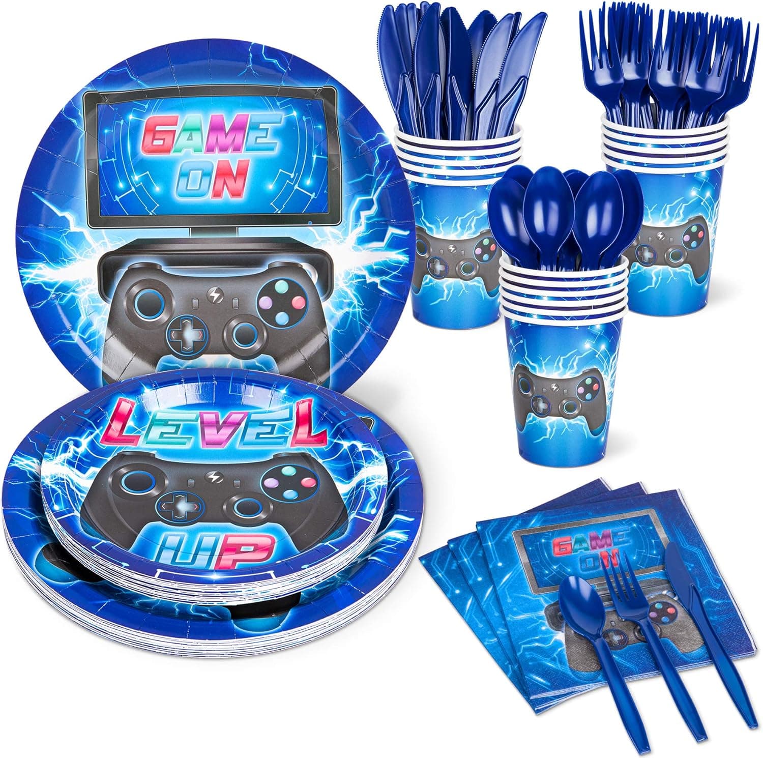 DECORLIFE Gaming Party Supplies Serves 16, Blue Gamer Plates, Cups, Napkins Included for Boys Birthday Decorations, Total 112 PCS