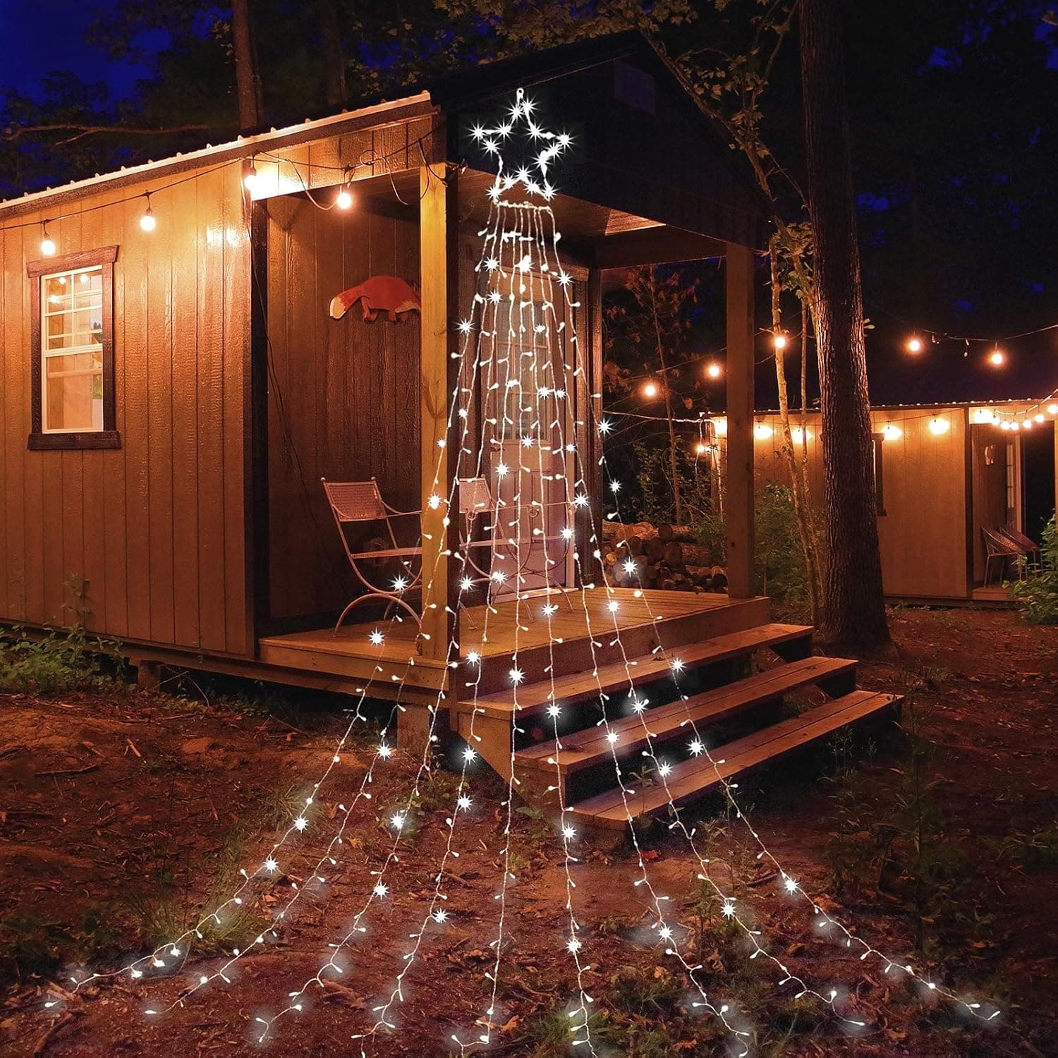 INAROCK Christmas Decorations Waterfall Star Lights 335 LED Curtain Lights with 12" Topper Star for New Year Holiday Party Patio Indoor Outdoor Decorative, 8 Lighting Modes