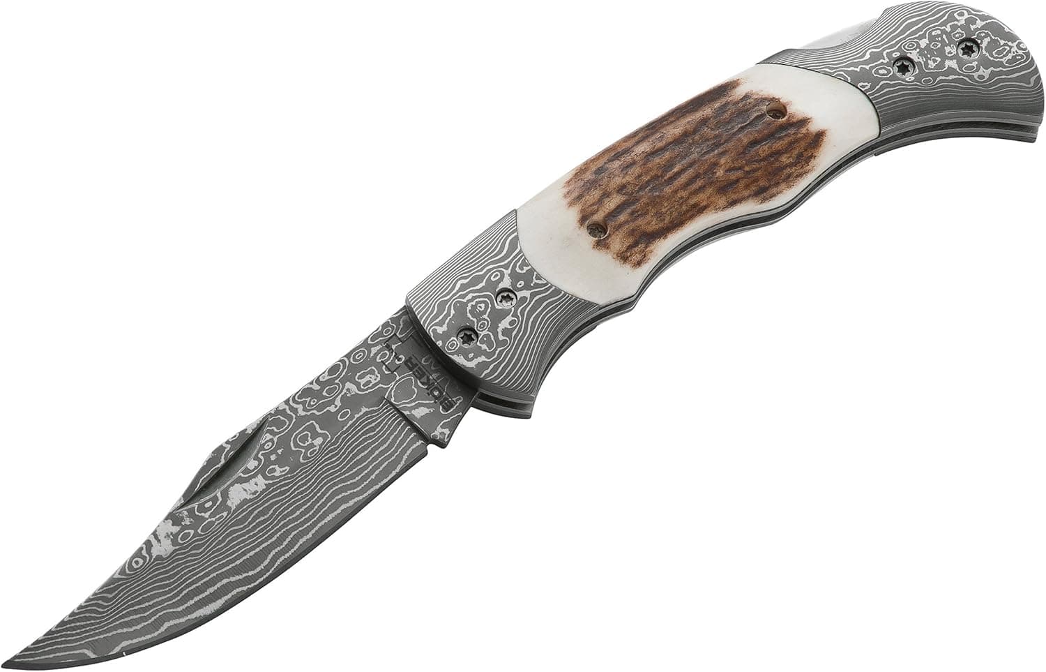 BOKER PLUS Stag Damascus Pocket Knife, Brown