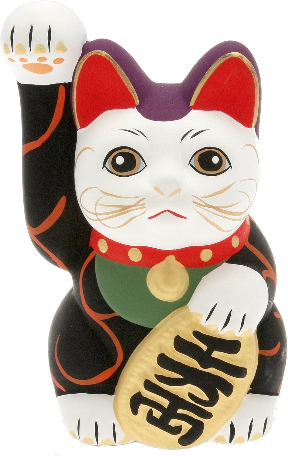 Kotobuki Maneki Neko Lucky Cat Coin Bank with Karakusa Spiral Vine Pattern, Black