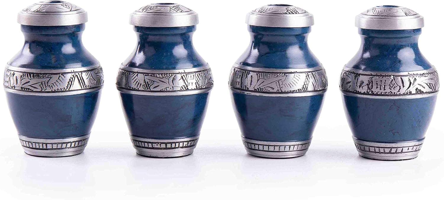 GSM Brands Keepsake Cremation Urns (Set of 4) - Mini Funeral Memorials in Blue Design with Box - Meant for Sharing of Token Amount of Ashes (3.5 Inch by 2.5 Inch)