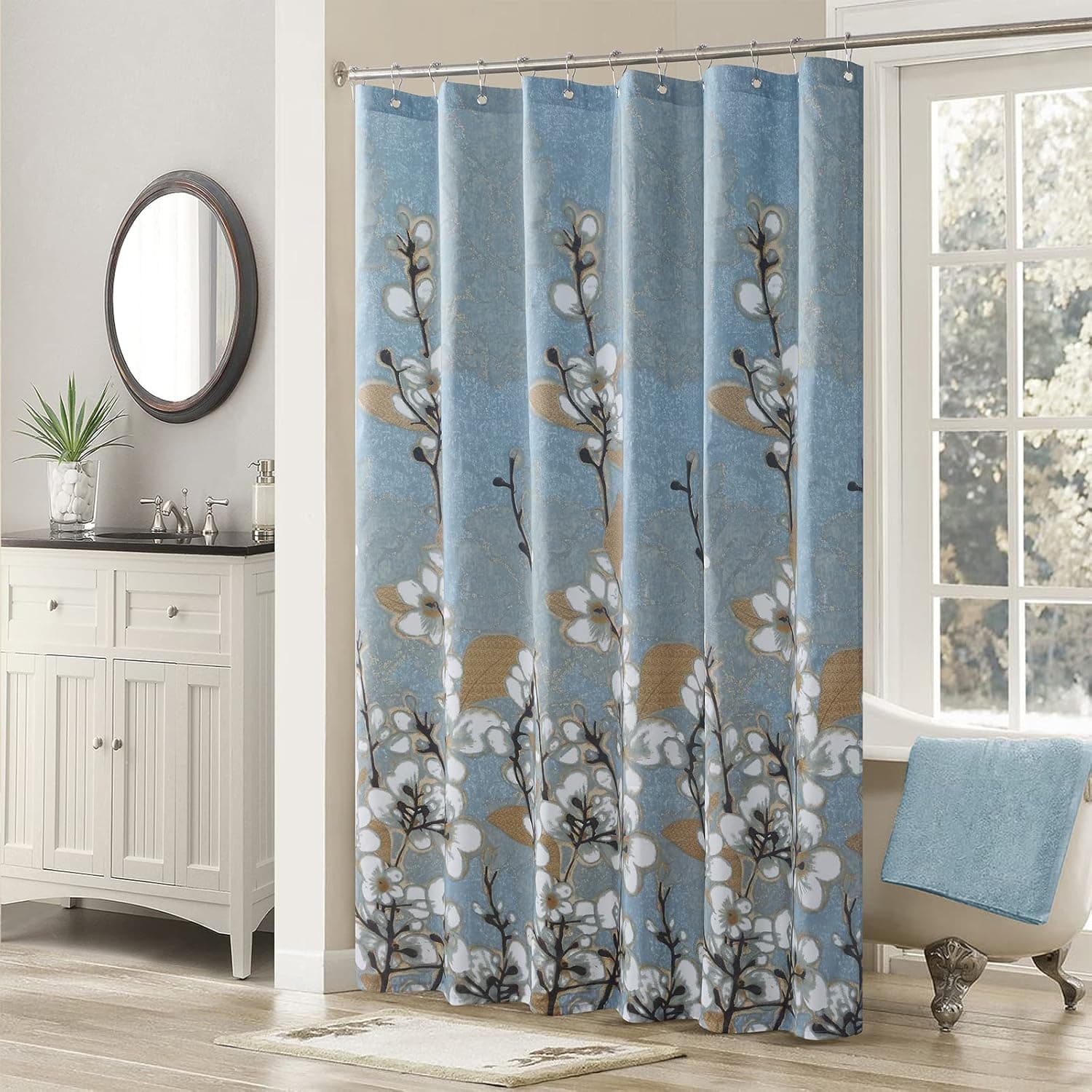 SD SDLIVING Hanakotoba Blue Fabric Printed Waterproof Polyester Plants White and Navy Leaves Shower Curtain for Bathroom,72" W x 72" H