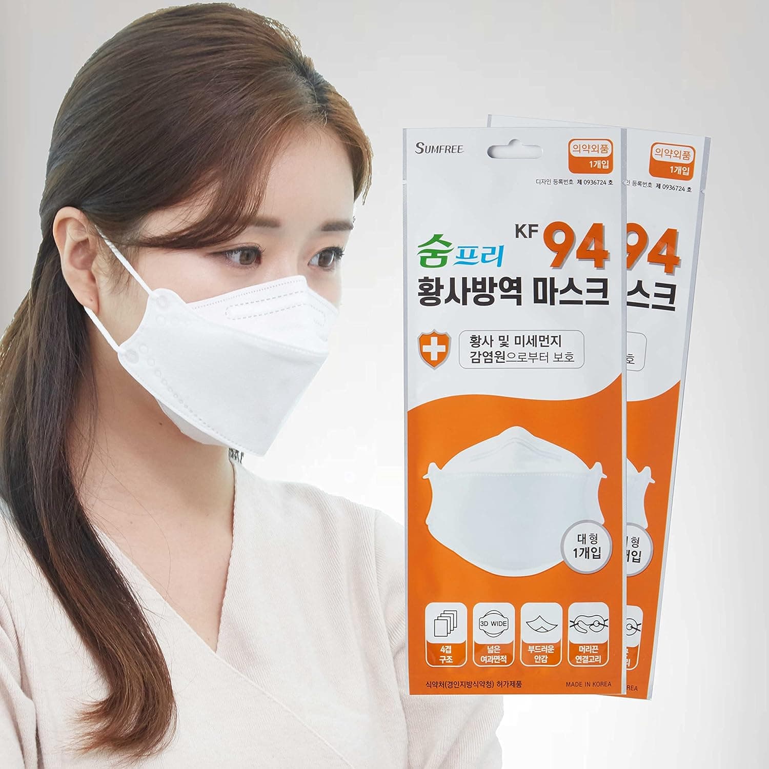 SUMFREE KF94 (Adults/Large), 4 layer protection, 100% Made in Korea, Comfortable breathing (WHITE Color)