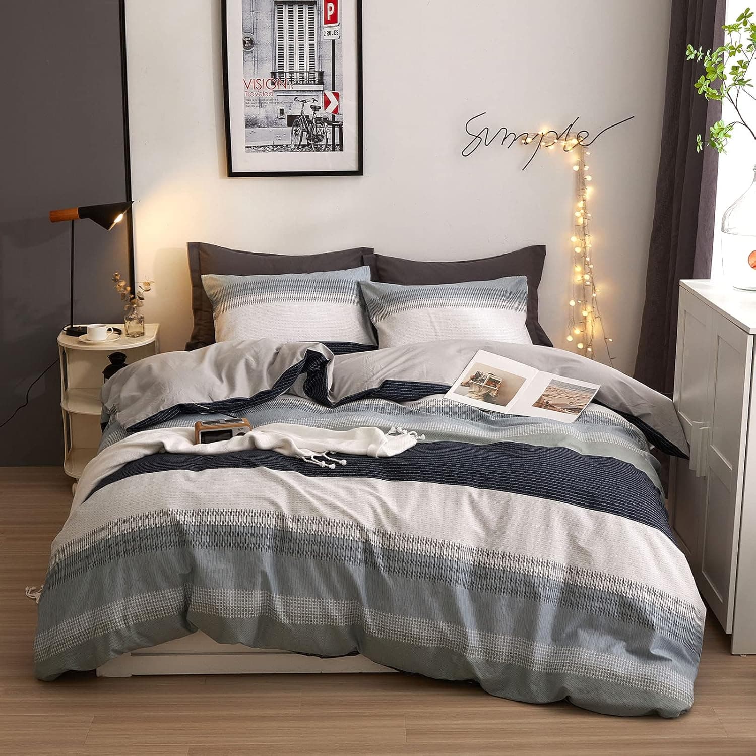 DREAMINGO Queen Duvet Cover Gray Blue White Stripes Modern Geometric Bedding Set for Teen Boys Men 100% Cotton Lightweight Soft Reversible Quilt Cover with Zipper
