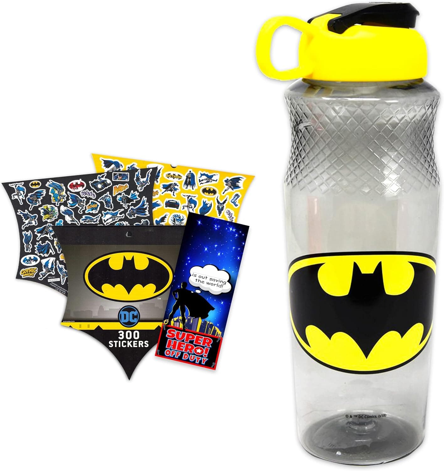 DC Shop Comics Batman 30oz Water Bottle For Kids, Adults Bundle ~ Refillable Superhero School Supplies, Sports, Office With 300 Stickers And Door Hanger, (Batman reusable bottle)
