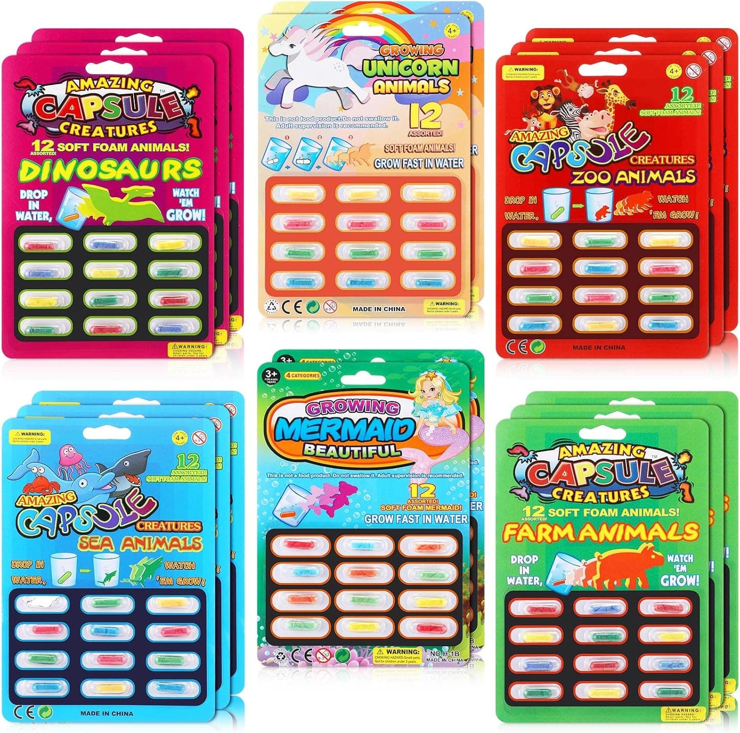 Grow Capsules 16 Pack 6 Themes Capsules Assorted Water Growing Animals Capsules Water Growing Toys Dinosaur Sea Wild Farm Mermaid Unicorn Creature Capsules Christmas Party Cognition Gift Toys