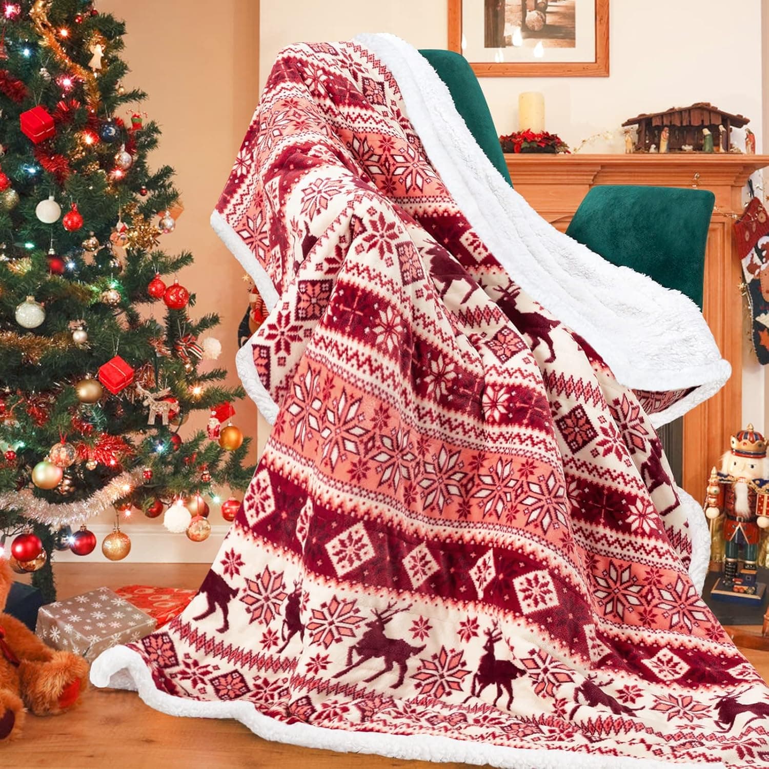 inhand Sherpa Christmas Throw Blanket for Adults, Fleece Flannel Holiday Blankets and Throws, Cozy Warm Fuzzy Fluffy Soft Throw Blankets for Couch Bed, Gifts for Women Men & Kids(51" x 63", Red)