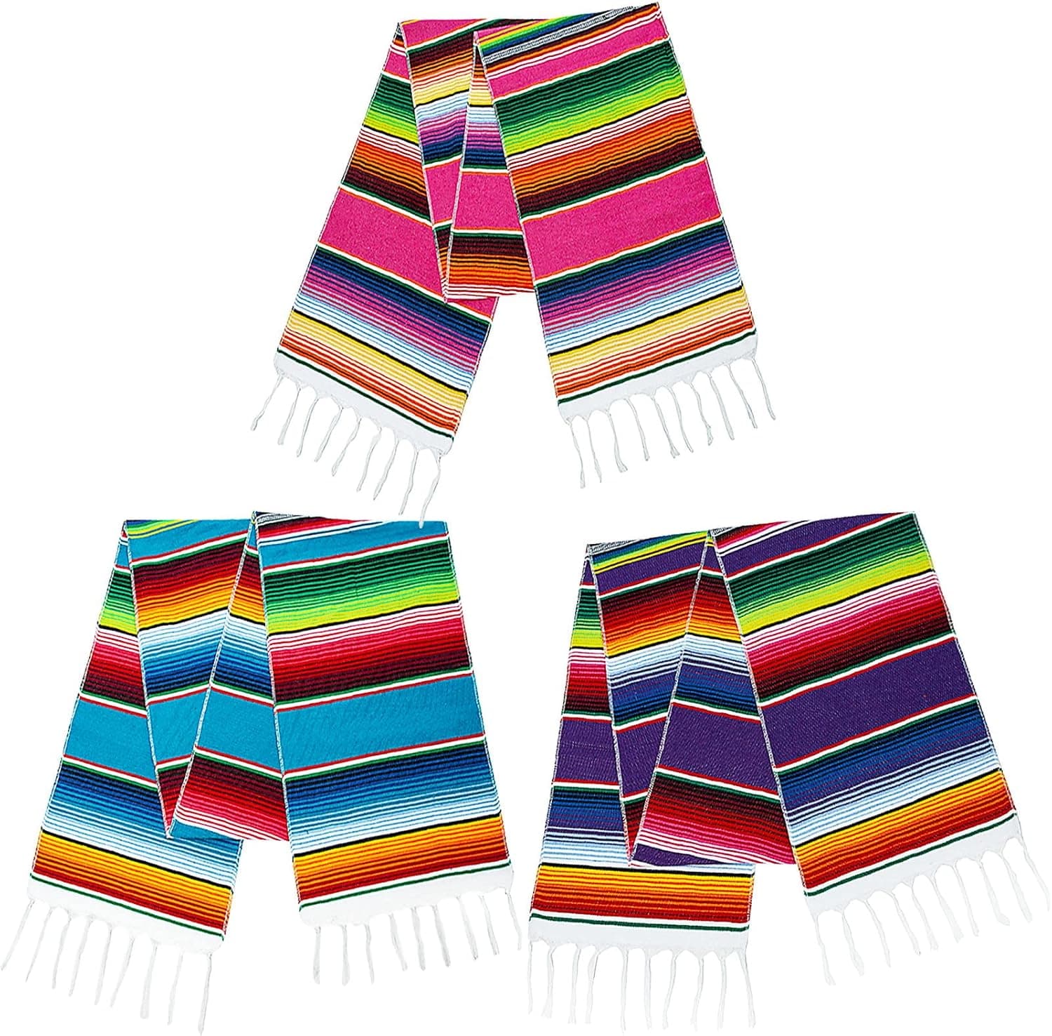 SAJOO Mexican Table Runner 3pcs Cotton Woven Tribal Table Runner 14×108inch for Mexican Themed Party Decorations or Dinner Room Table Runner(Purple+Rose Pink+Lake Blue)