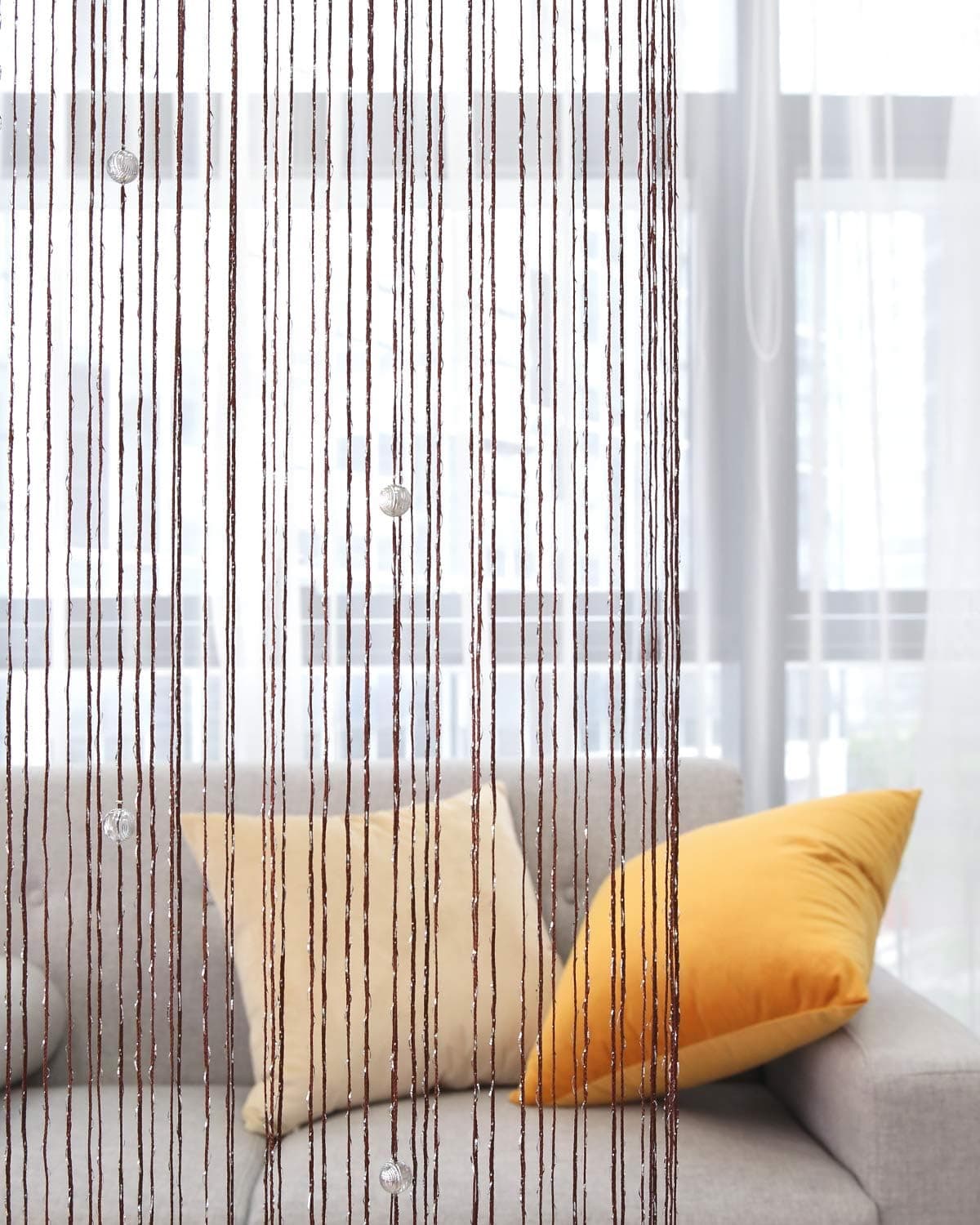 Lewondr Door String Curtain, Glitter Silver Ribbon Fringe Dense Strings with Decorative Beads, Window Blinds Room Divider Beaded Curtain for Doorway Home Party 39x79 Inch(100x200 cm) - Dark Coffee