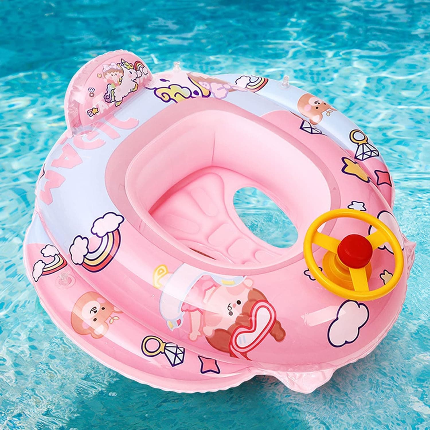 Baby Floats for Pool, Swimming Float Baby Inflatable Floater with Steering Wheel and Horn Water Gun, Summer Outdoor Water Float