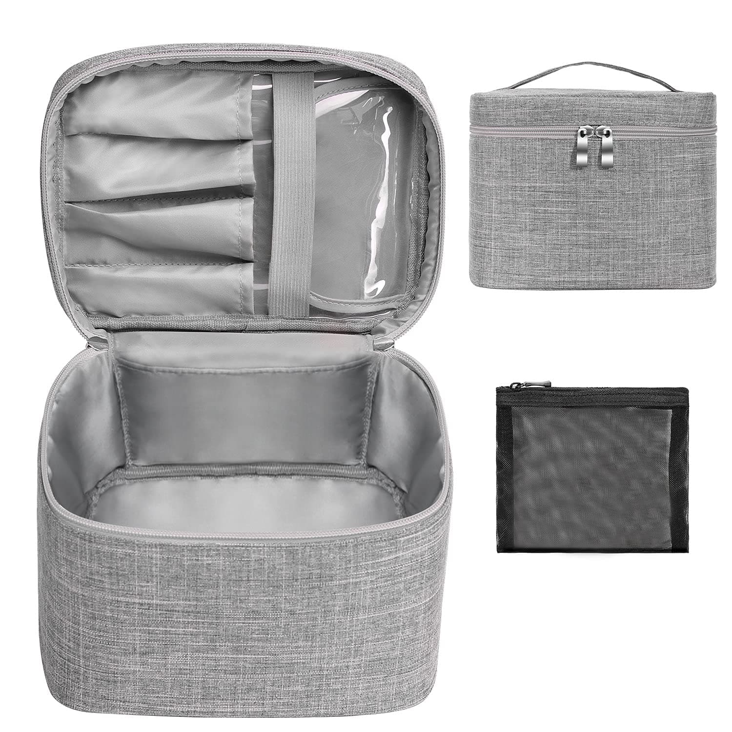 UMIA Makeup Bag Travel Large Cosmetic Bag Case Organizer Pouch with Mesh Bag Brush Holder Make Up Toiletry Bags for Women Grey