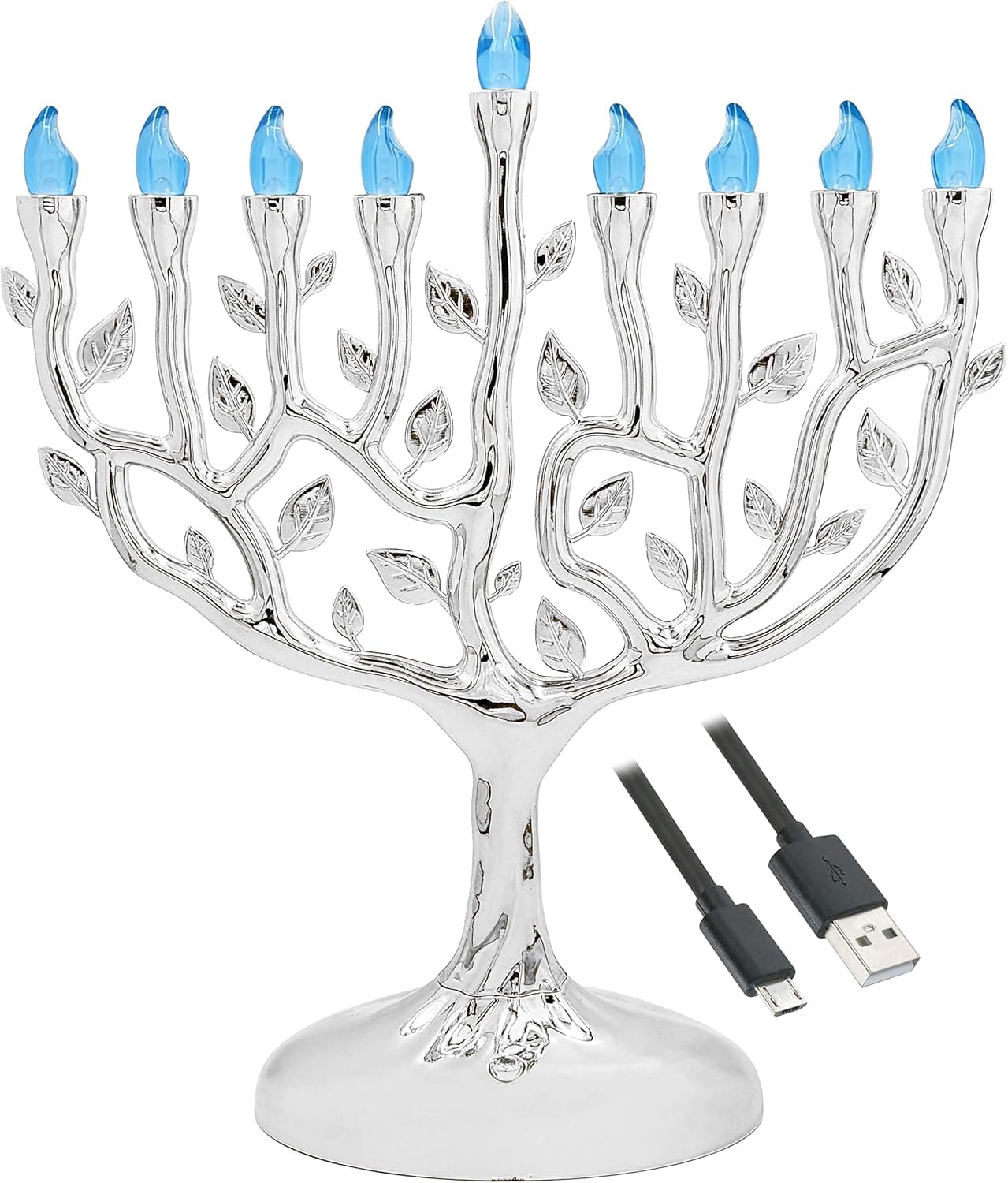 The Dreidel Company Traditional LED Electric Silver Hanukkah Menorah - Battery or USB Powered - Includes a Micro USB 4' Charging Cable