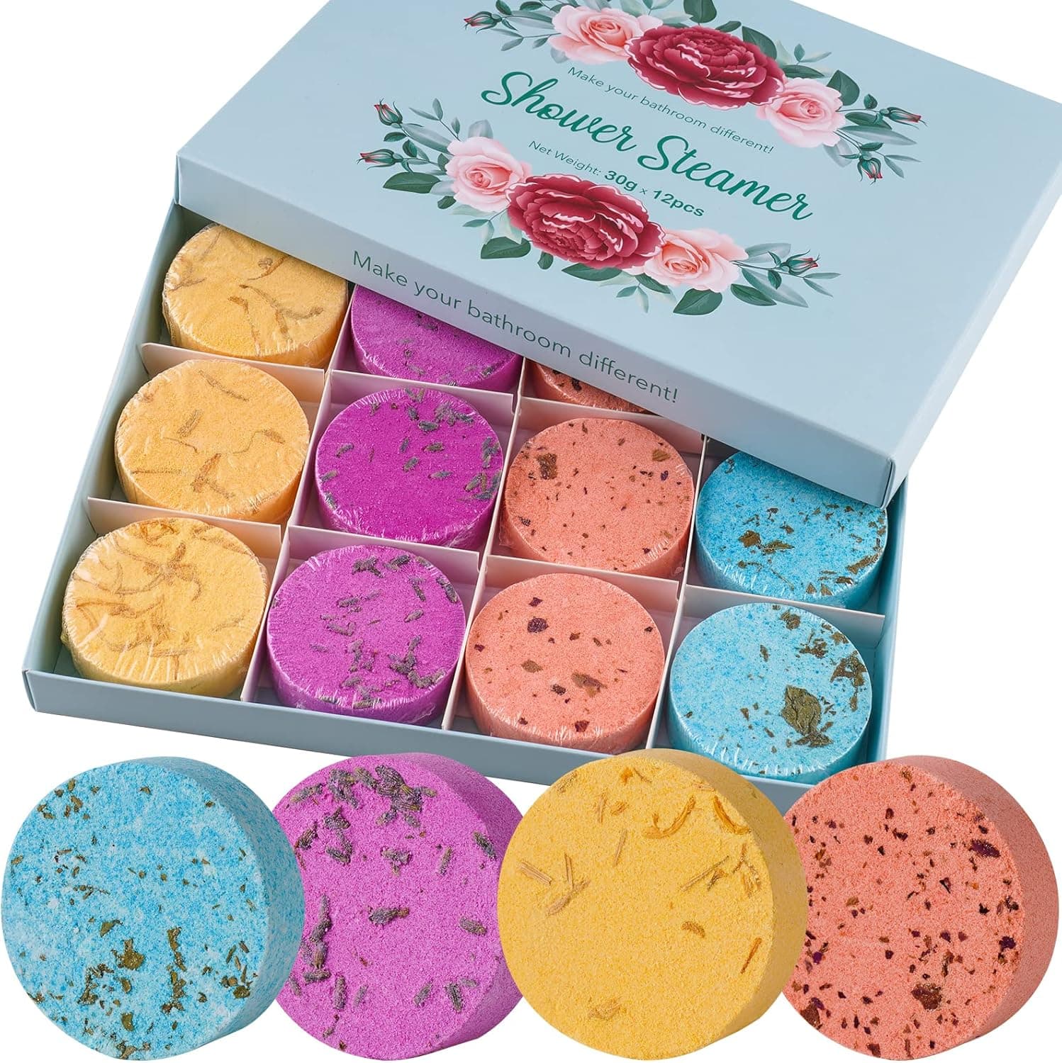 NiHome 12-Pack Aromatherapy Shower Steamer Melts Gift Pack, Essential Oil Blends Shower Bomb Tablet Variety for Women Spa Aroma Relaxation Nasal Congestion Fizzies (Lavender, Lemon, Rose & Eucalyptus)