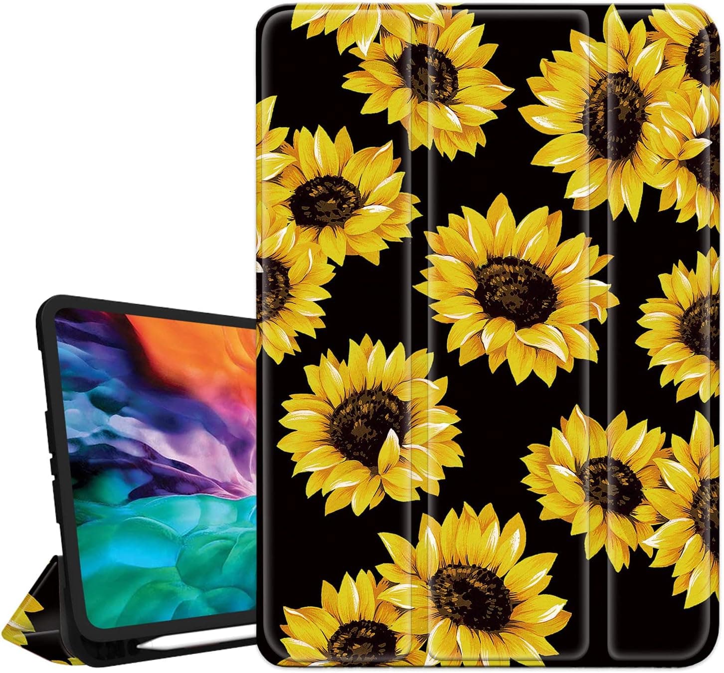 Hepix iPad Pro 11 Inch Case Sunflower 2020 2018 with Pencil Holder, Flower Full-Body Trifold Slim Stand Hard Protective Cover Shockproof Case Auto Sleep Wake for A2228 A2231 A2068 A2230