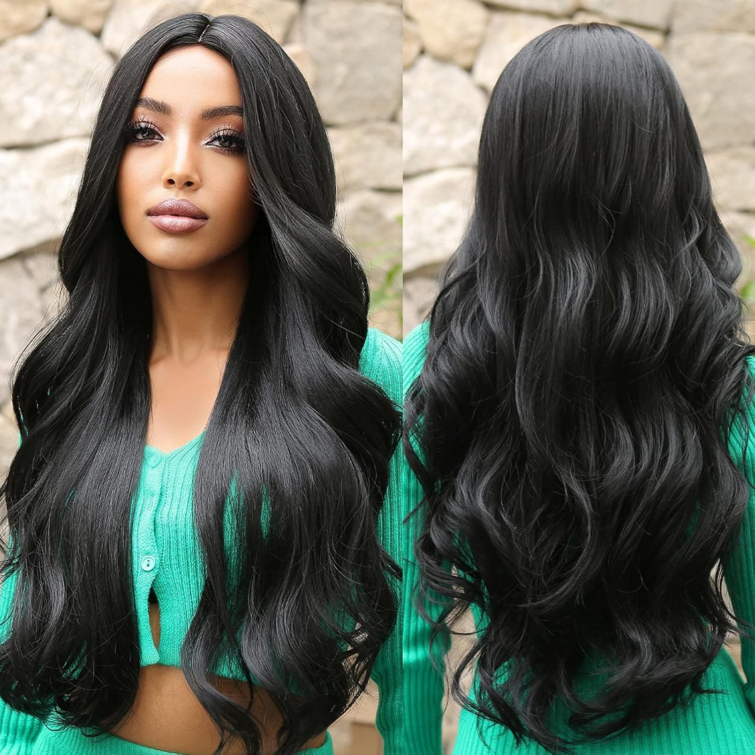 Allbell Long Black Wigs for Women Curly Synthetic Hair Middle Part Wig Heat Resistant Fiber