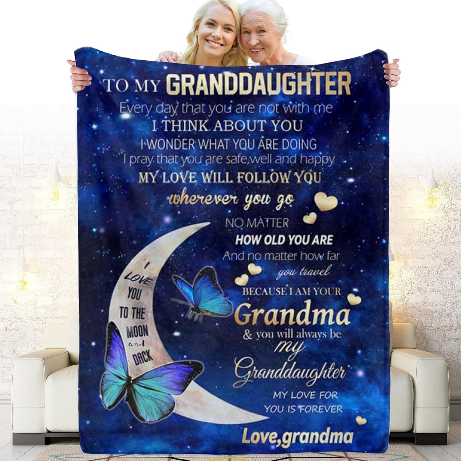 DIYKST Grandma to My Granddaughter Custom Name Text Blanket I Love You to The Moon and Back Personalized Soft Fleece Blanket for Bedding Sofa and Travel Long Distance Gift-(50 X 60 inches)
