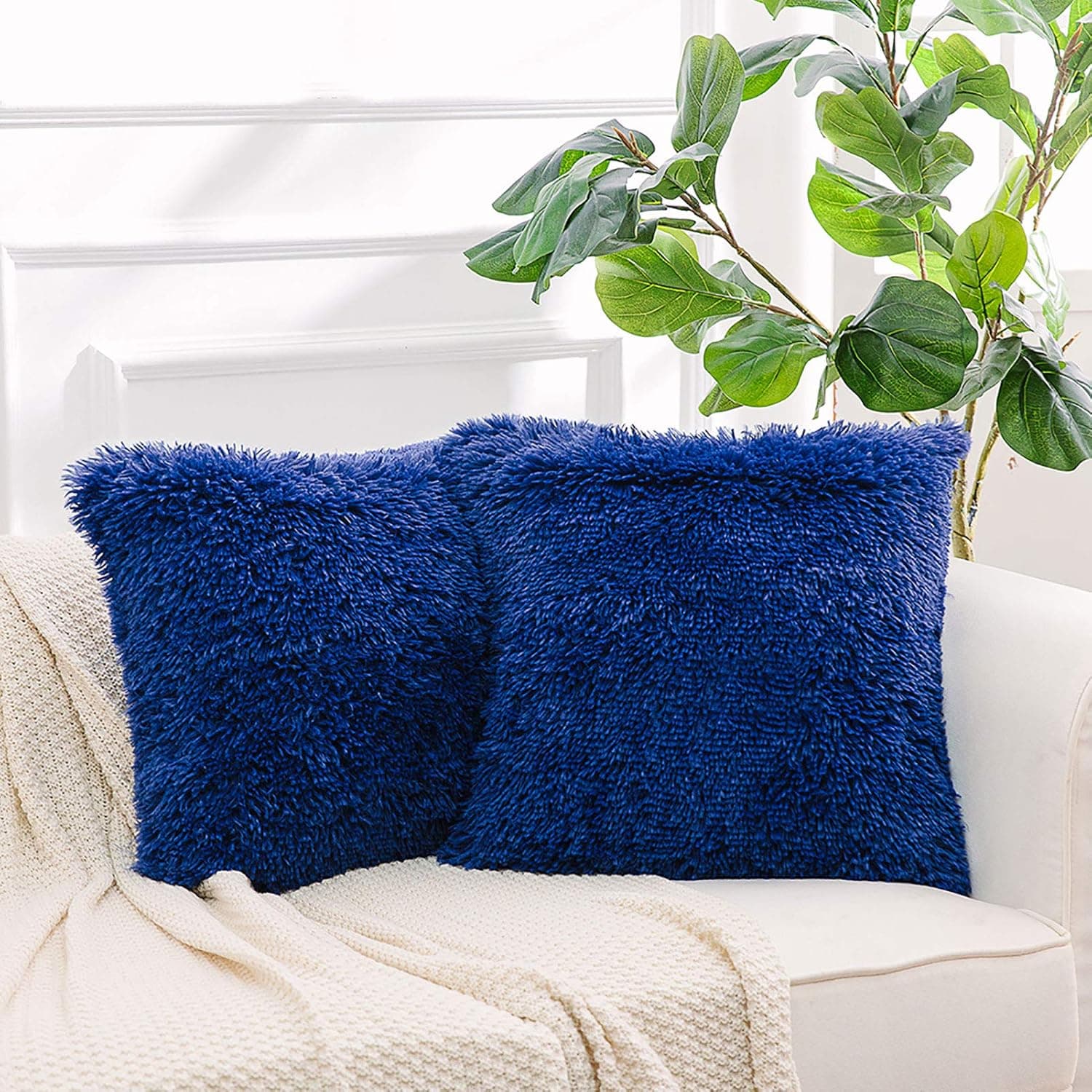 NordECO HOME Luxury Soft Faux Fur Fleece Cushion Cover Pillowcase Decorative Throw Pillows Covers, No Pillow Insert, 16" x 16" Inch, Sapphire Blue, 2 Pack
