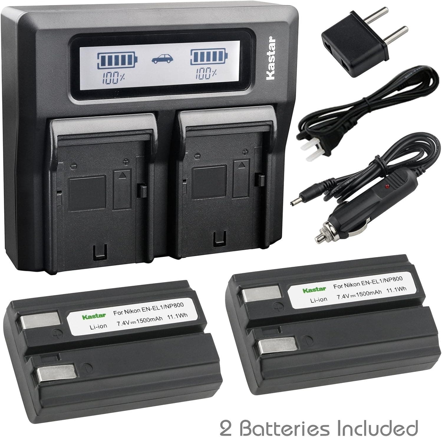 Kastar Fast Dual LCD Charger + 2X Battery for Nikon EN-EL1, Konica Minolta NP-800 and Nikon Cooipix 4300 4500 4800 Coolpix 5000 5400 5700 8700 775 880 885 995 E880, Konica Minota DG-5W Dimage A200