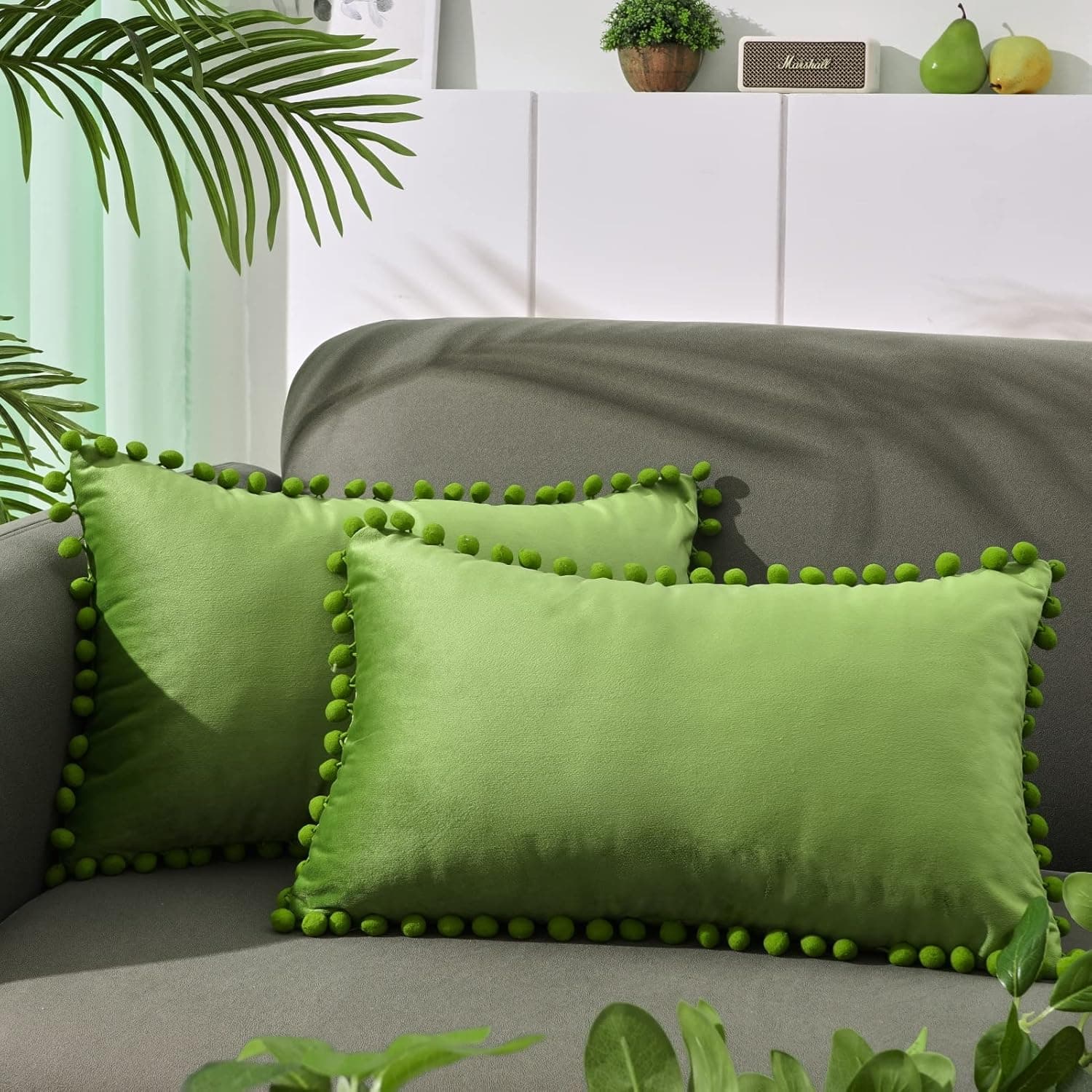 Top Finel Decorative Throw Pillow Covers with Pom Poms Soft Particles Velvet Solid Cushion Covers 12 X 20 for Couch Bedroom Car,Set of 2, Apple Green