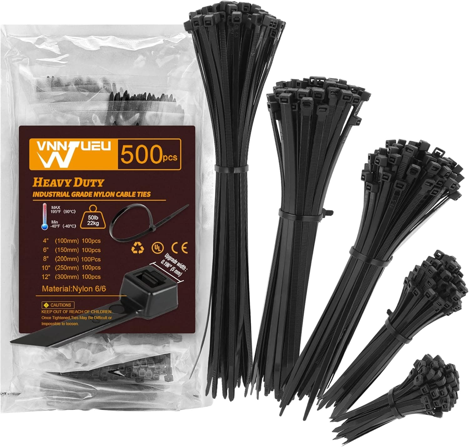 500 Pcs Zip Ties Assorted Sizes, 4+6+8+10+12 Inch 50 Lb Cable Ties, Black Small Self-locking Plastic Nylon Zipties Witdh 0.19 Inch Heavy Duty Tie Wraps for Home, Office and Workshop.
