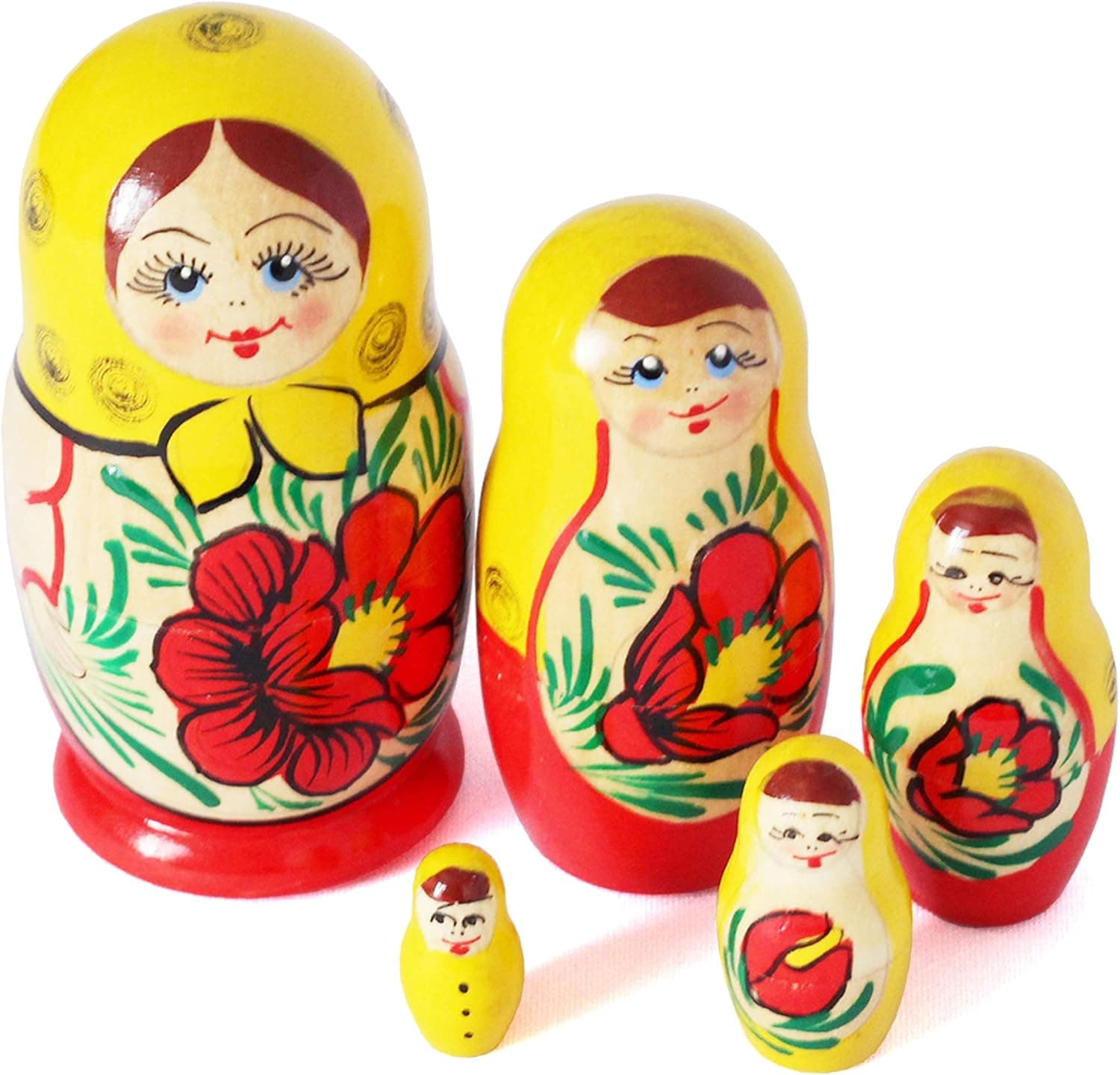 Azhna 5 pcs 10.5 cm Classic Semyonov Style Souvenir Matryoshka Home Decor Collection Nesting Doll Hand Painted Slavic Doll Wooden Stacking Doll
