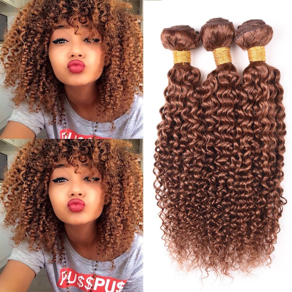 Peruvian Virgin Ombre Colored Curly Hair Weft 3 Bundles Jerry Curly 100% Human Hair Weaves Unprocessed Curly Wave Hair Extensions For Black Women Honey Brown 30# Color (100g/bundle,16 18 20inch)
