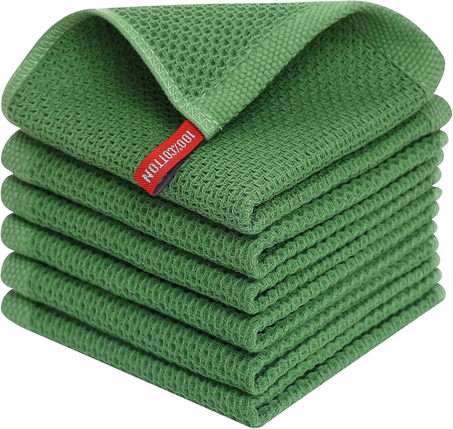 Homaxy 100% Cotton Waffle Weave Kitchen Dish Cloths, Ultra Soft Absorbent Quick Drying Dish Towels, 12x12 Inches, 6-Pack, Grass Green