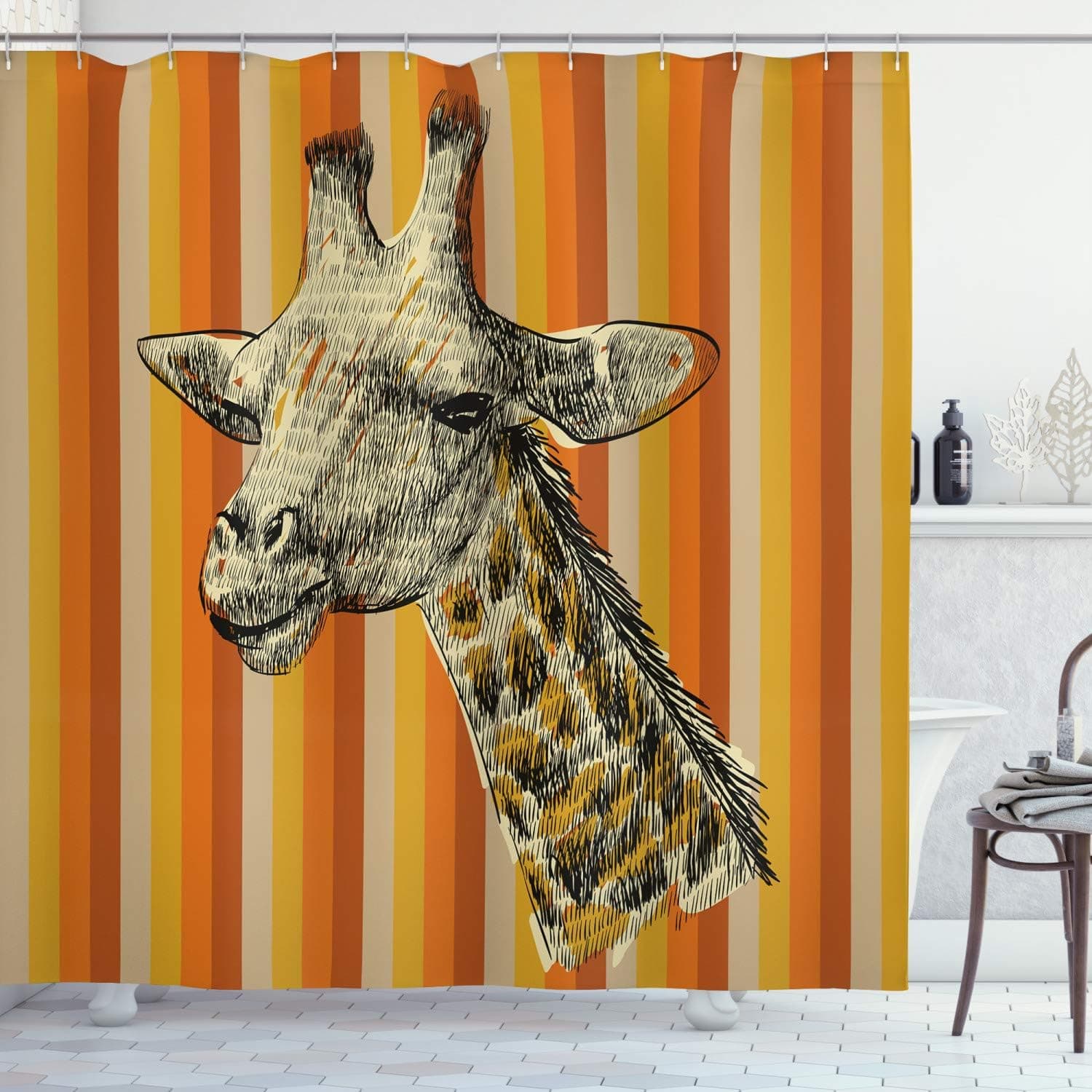 Ambesonne Giraffe Shower Curtain, Sketch Style Image Portrait of Hipster Animal Zoo Savannah Wildlife Themed, Cloth Fabric Bathroom Decor Set with Hooks, 69" W x 84" L, Cream Apricot Earth Yellow