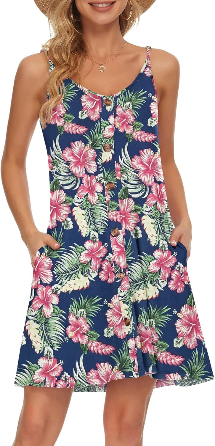 WNEEDU Women's Summer Spaghetti Strap Button Down V Neck Casual Beach Cover Up Dress with Pockets
