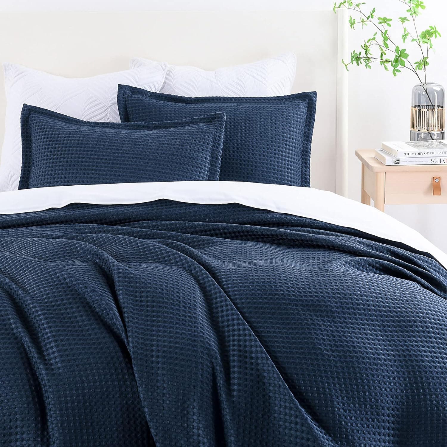Waffle Textured Duvet Cover Set Navy / King
