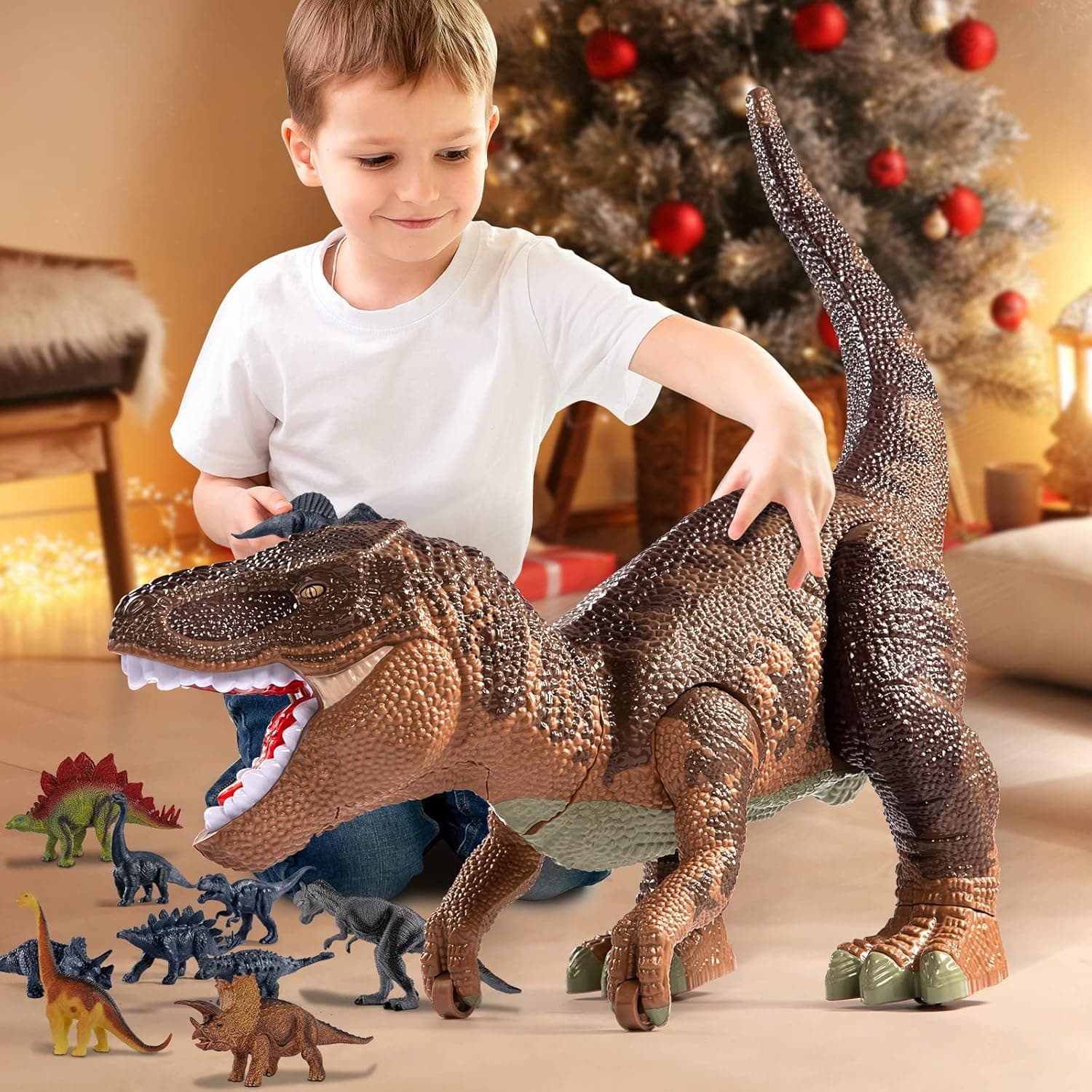 TEMI Large Dinosaur Toys for Kids 3-5, Jumbo Tyrannosaurus Rex with Mist Spray, Light and Sounds, One Big Hollow T-rex Stored with 4 Hand-Painted Dinosaurs and 6 Mini Dinos