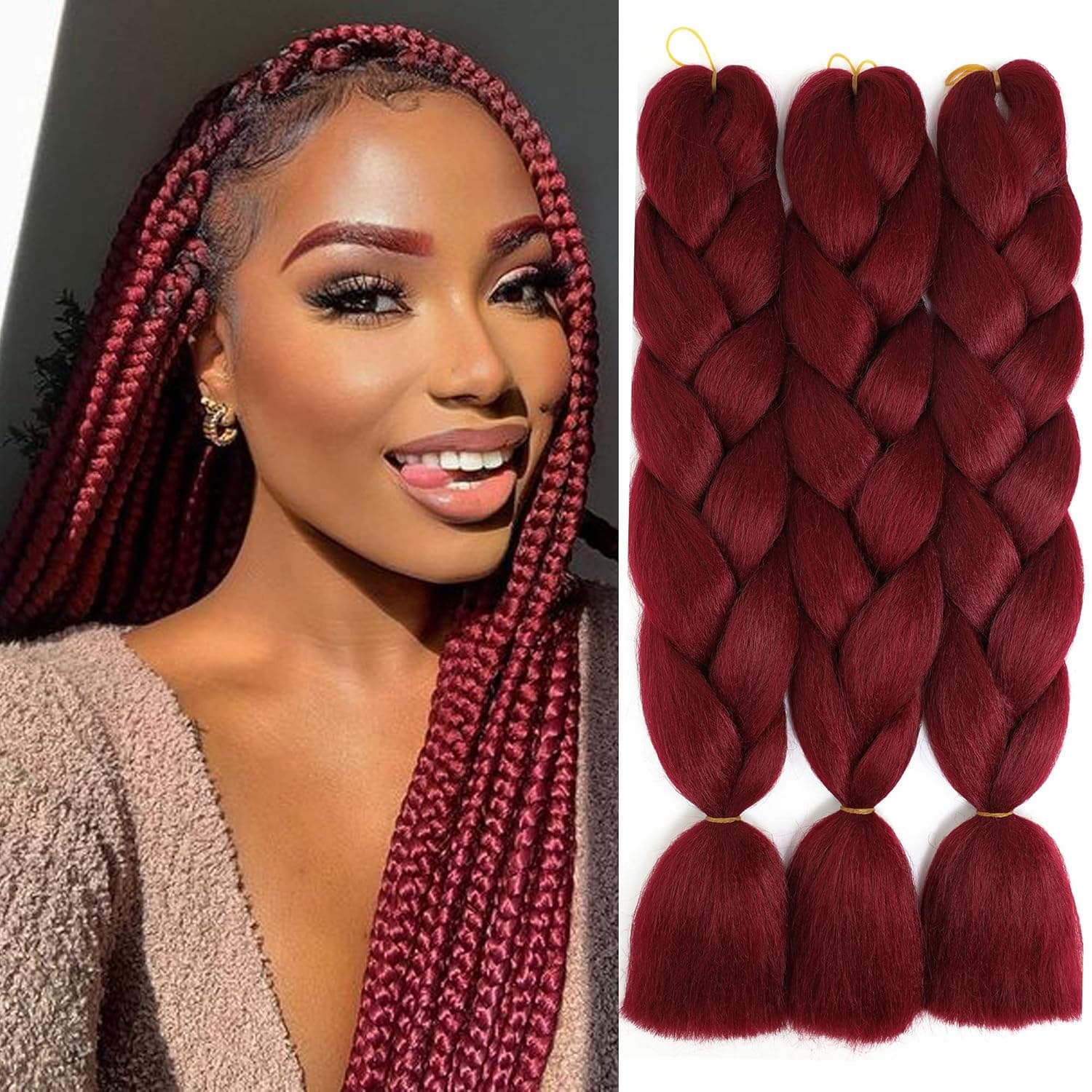 Burgundy Braiding Hair 3 Packs Jumbo Braiding Hair Synthetic Braids Hair Extensions 24 Inch Red Wine Hair for Box Twist Braiding