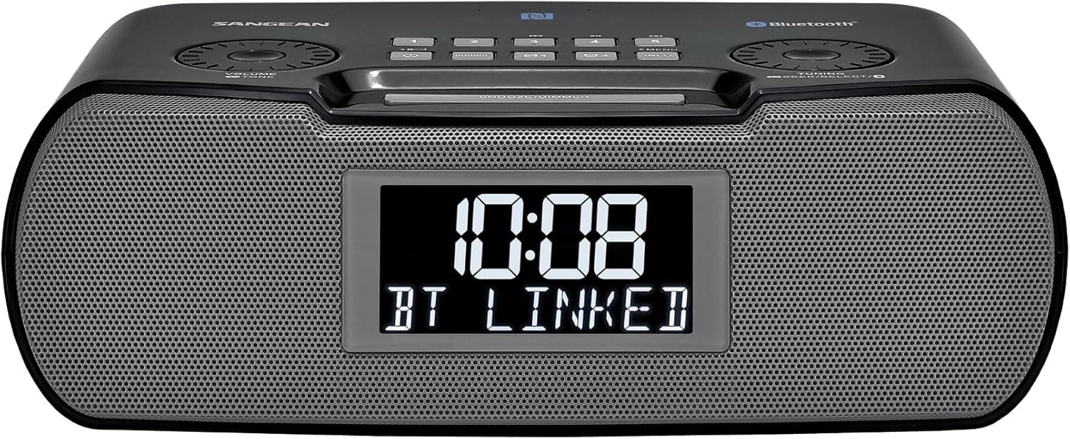 Sangean RCR-20 FM-RDS (RBDS) AM / Bluetooth / Aux-in / USB Phone Charging Digital Tuning Clock Radio with Battery Backup, Black 13.8x 13.1x 4.9