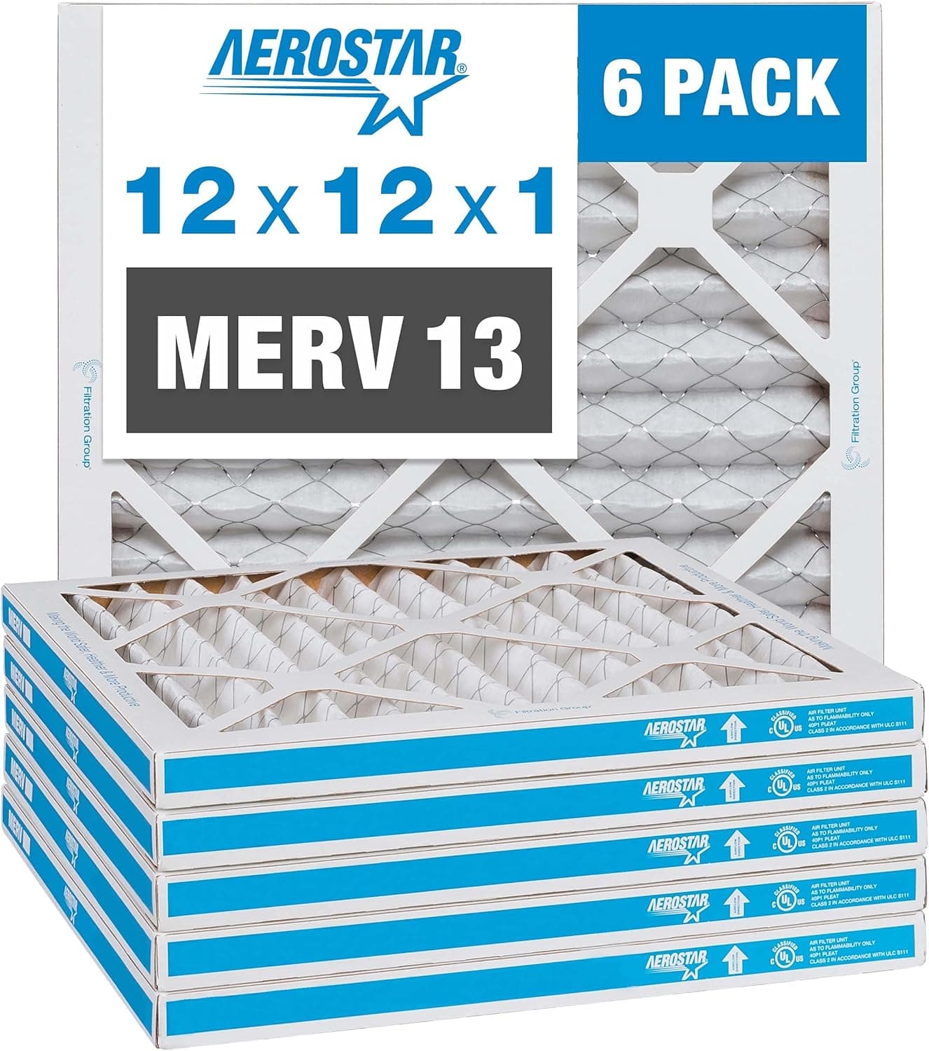 Aerostar 12x12x1 MERV 13 Pleated Air Filter, AC Furnace Air Filter, 6 Pack (Actual Size: 11 3/4" x 11 3/4" x 3/4")