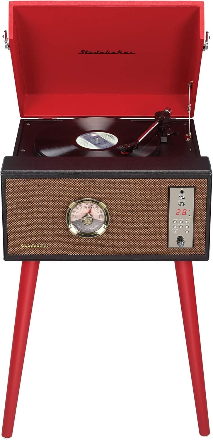 Studebaker Floor Stand Turntable, Bluetooth Receiver, CD Player, FM Radio, Wood Cabinet, 3W RMS Speakers x 2 (Red)